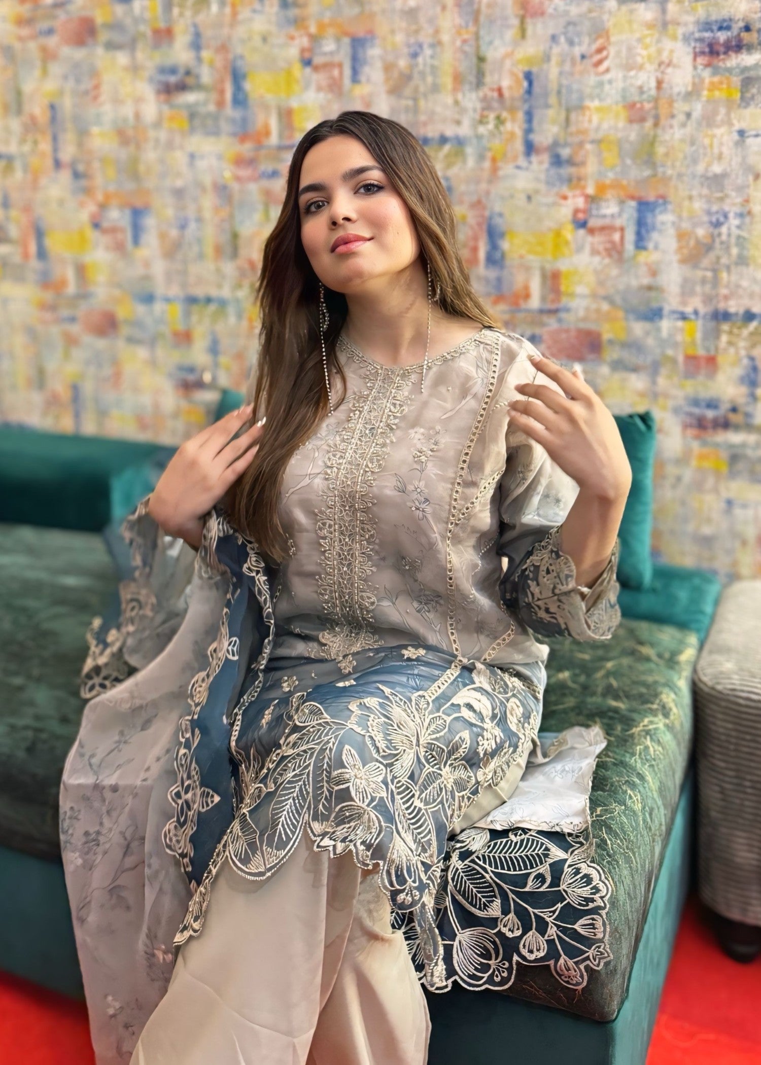 organza Kurta Set in Ash grey, grey