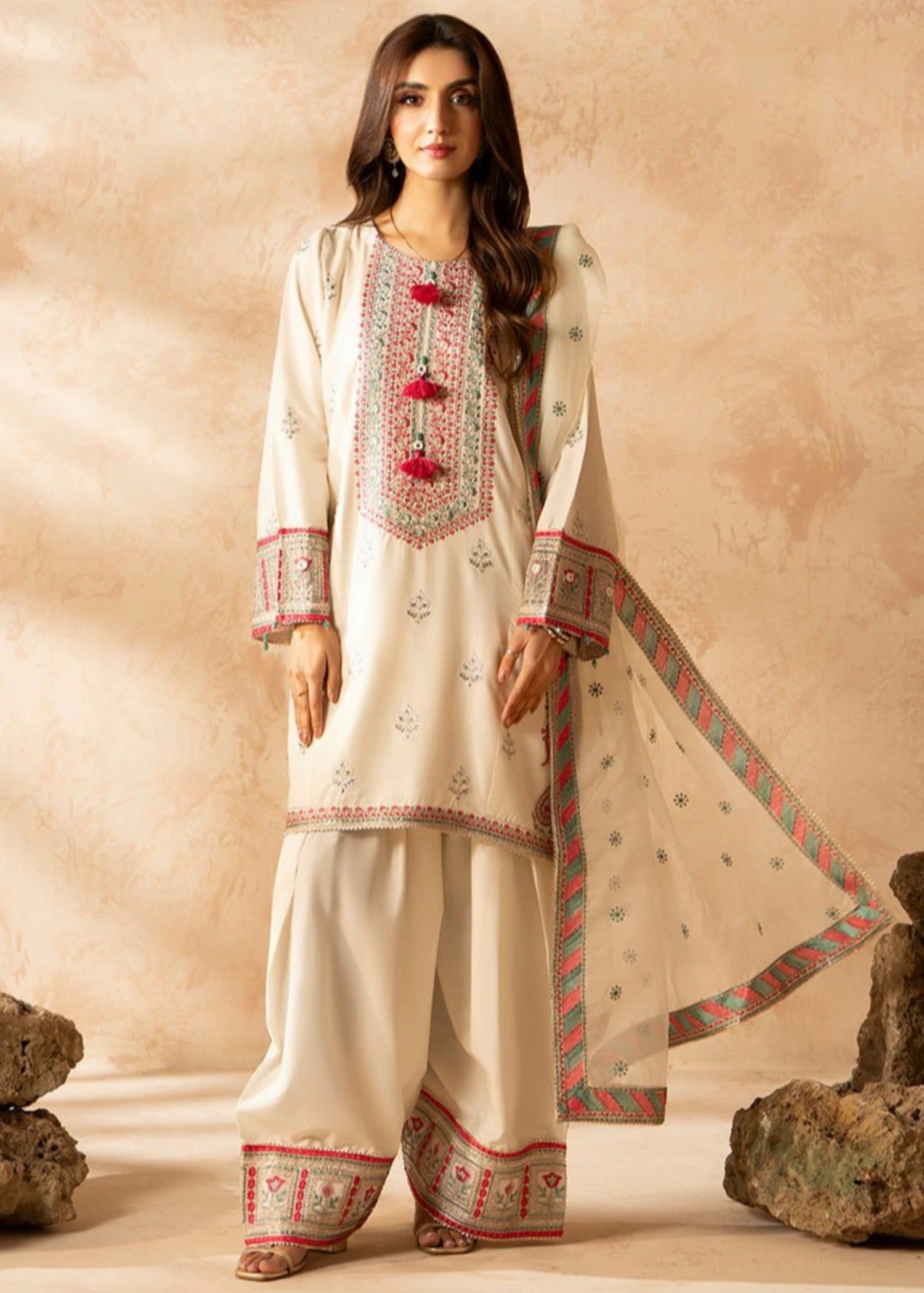 cambric Kurta Set in Off-white, vanilla