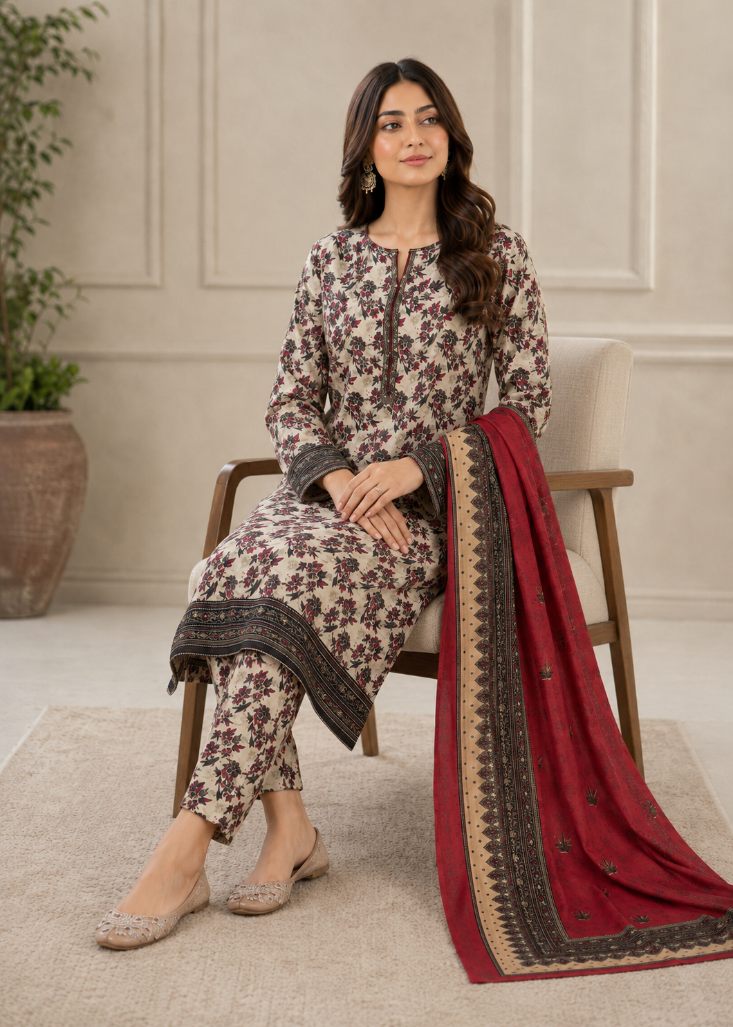 cotton Unstitched in Beige, red