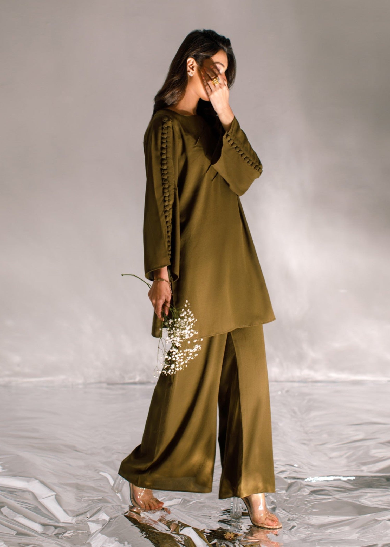 crepe georgette Kurta Set in Olive green