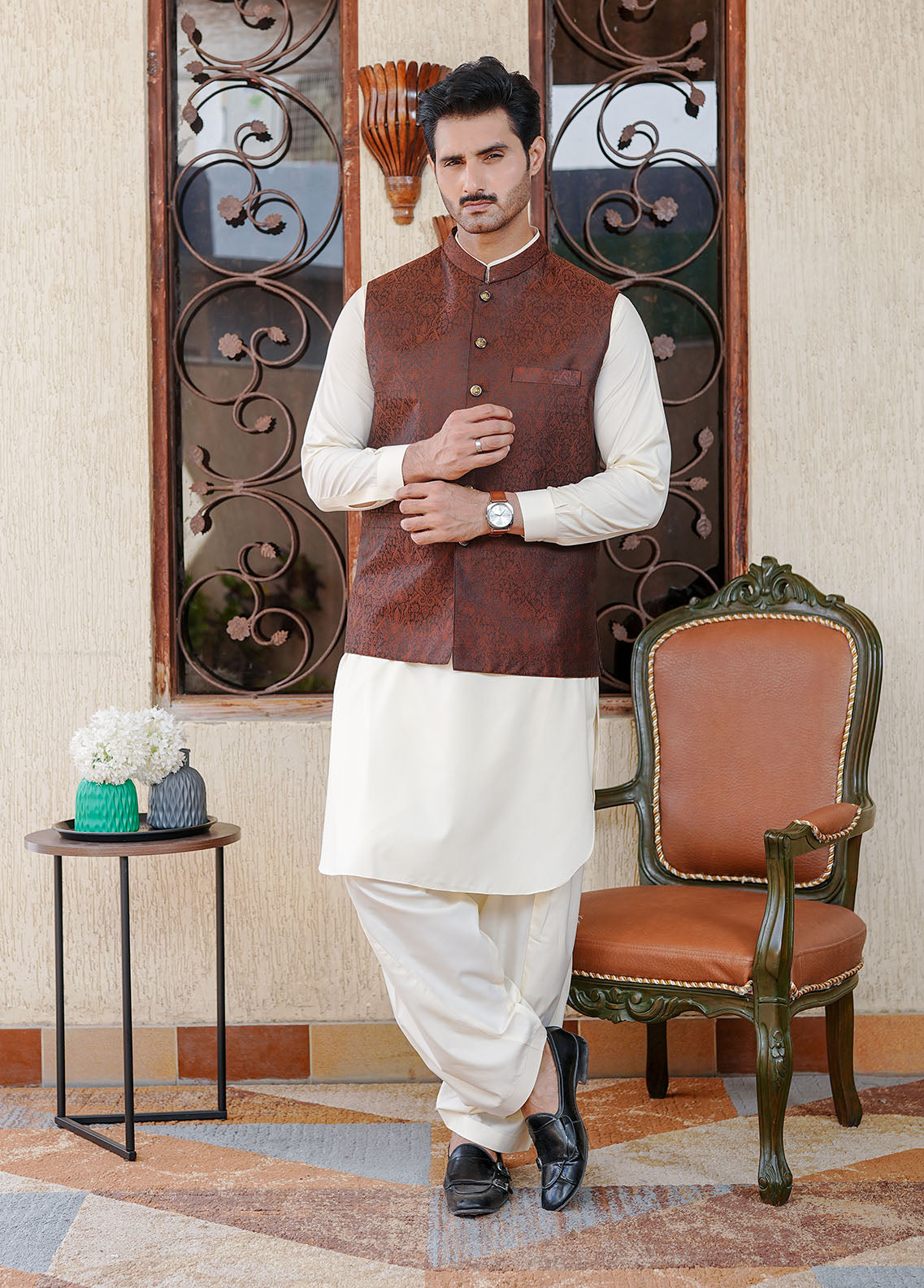banarasi jamawar Waistcoat in Chestnut brown