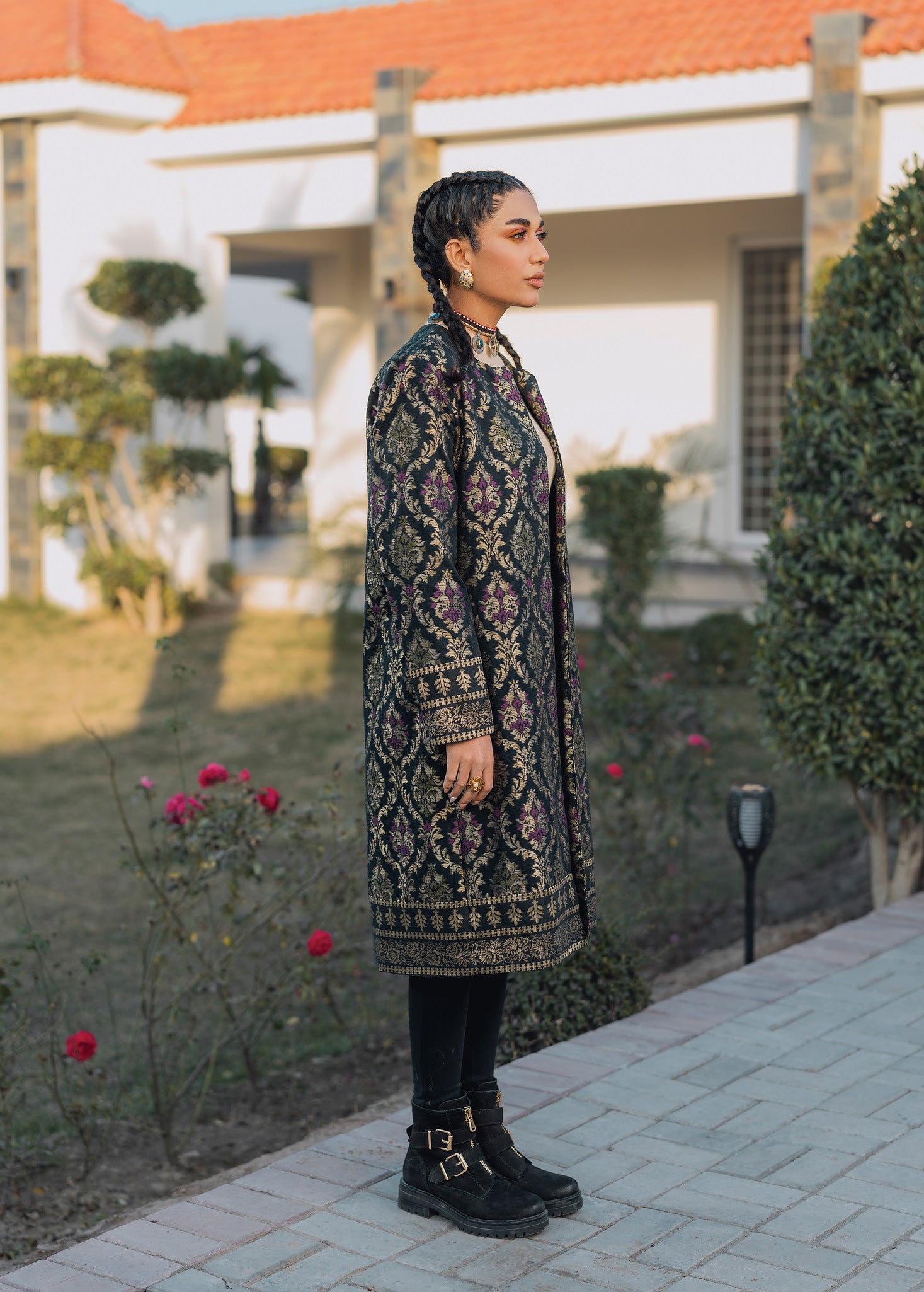 slub khaddar Jacket in Black