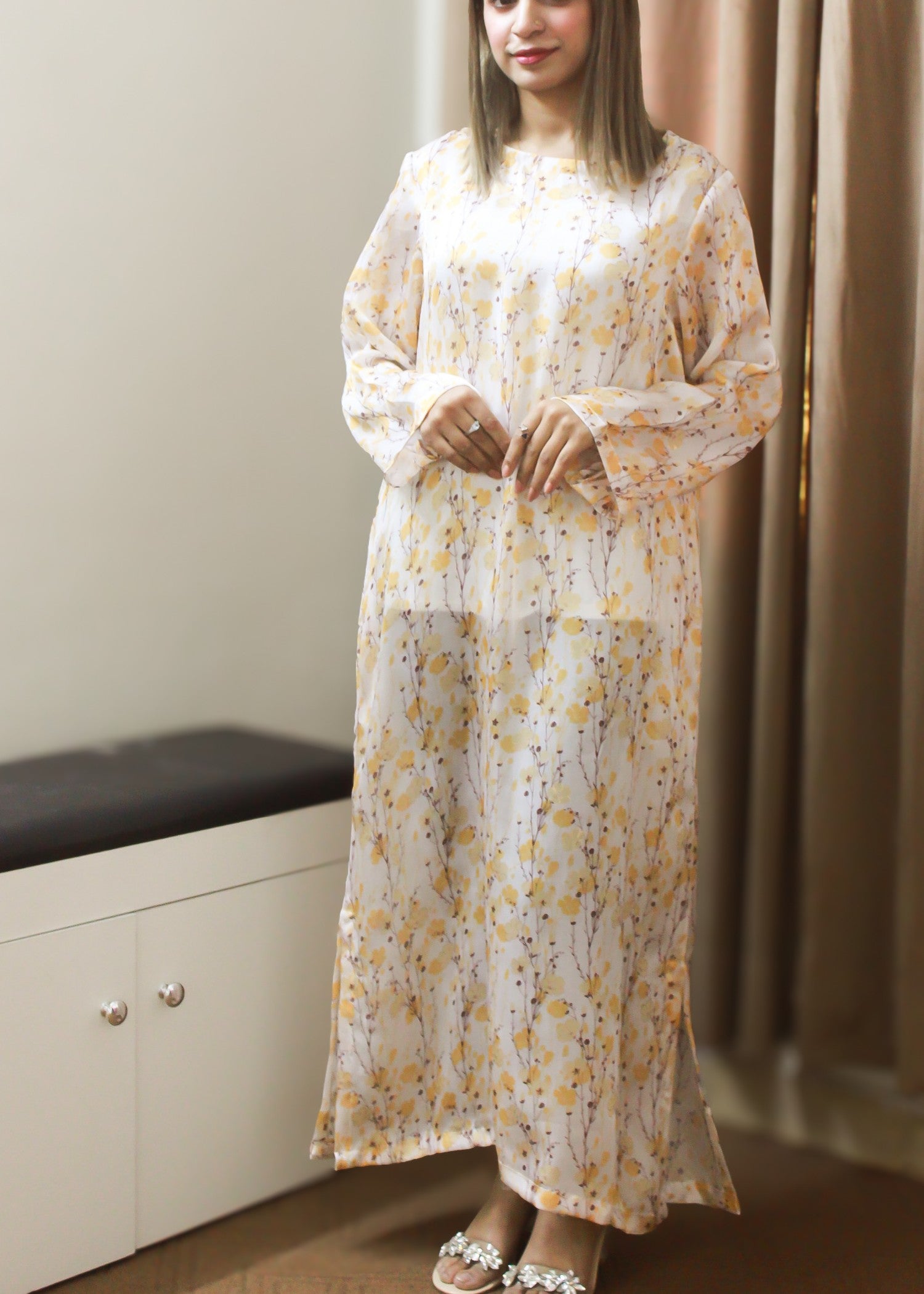 silk Kaftan in Lemon, off-white, butter