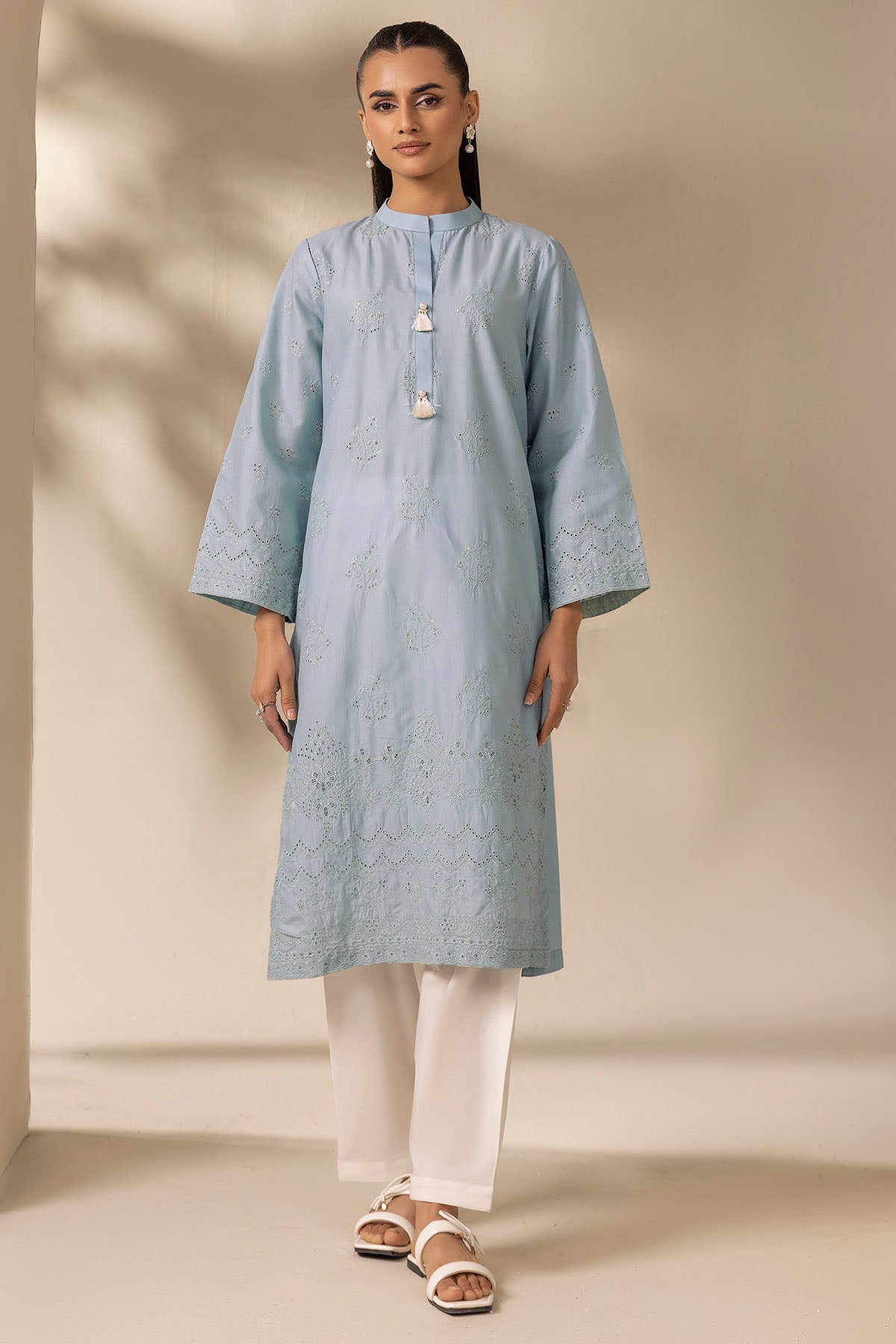 schiffli Kurta Set in Sky blue