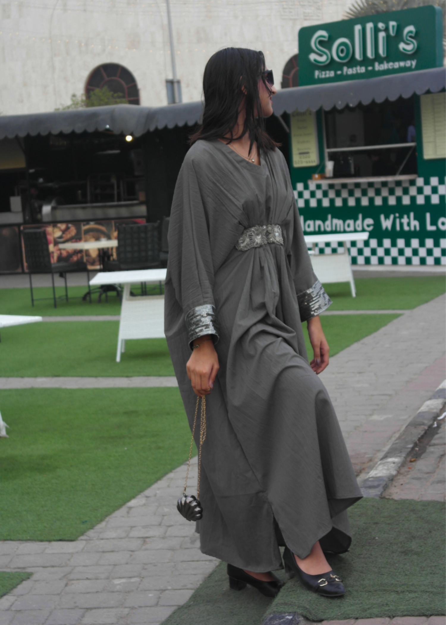 textured grip Kaftan in Steal grey