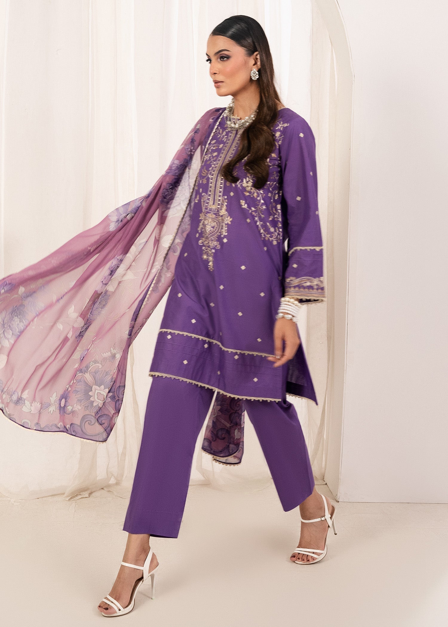 cambric cotton Kurta Set in Purple