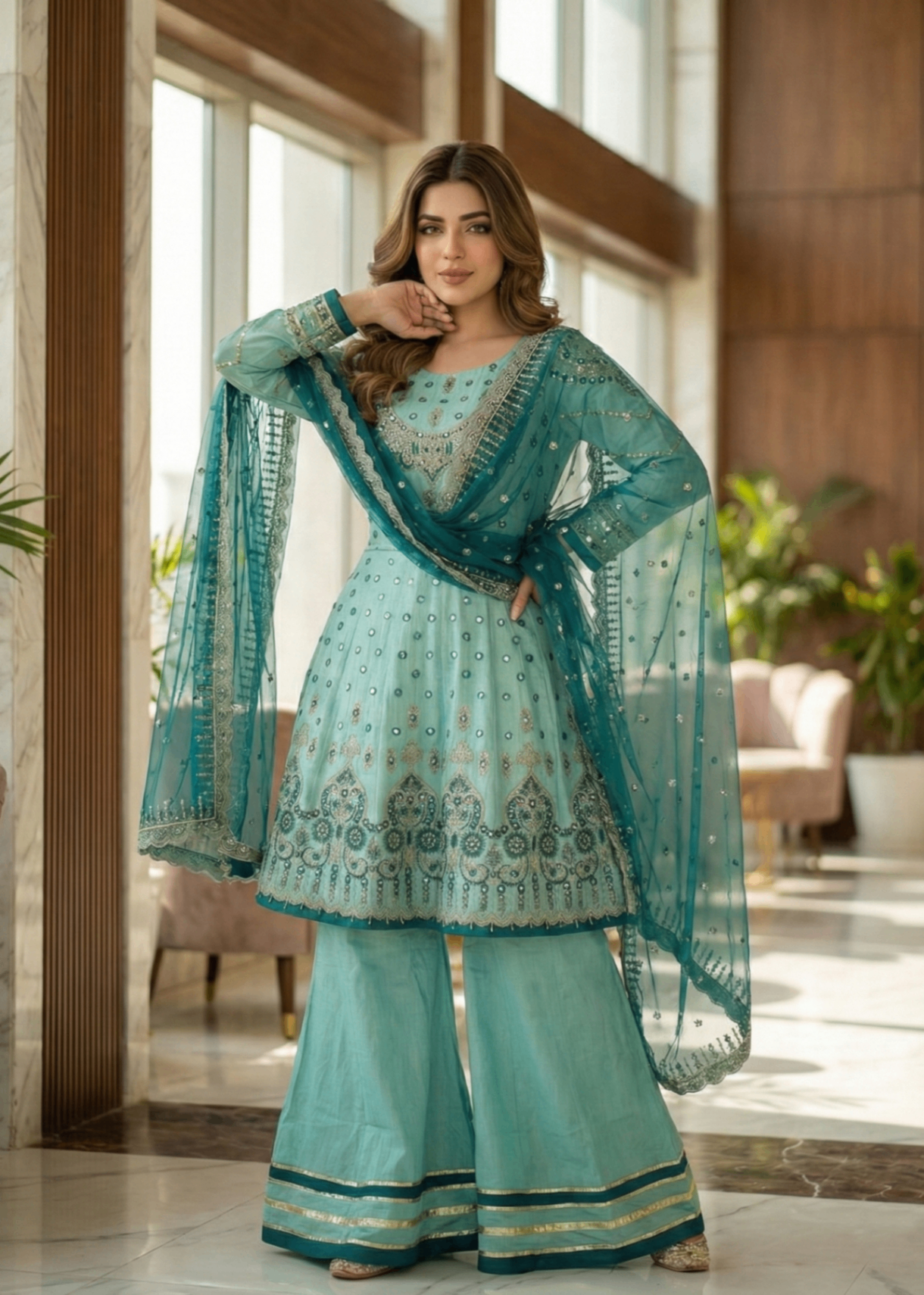 cotton net Short Frock in Parrot green