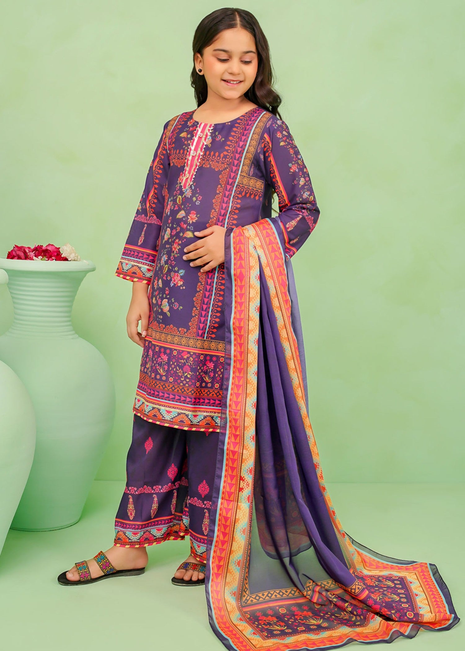 poly lawn Kurta Set in Purple