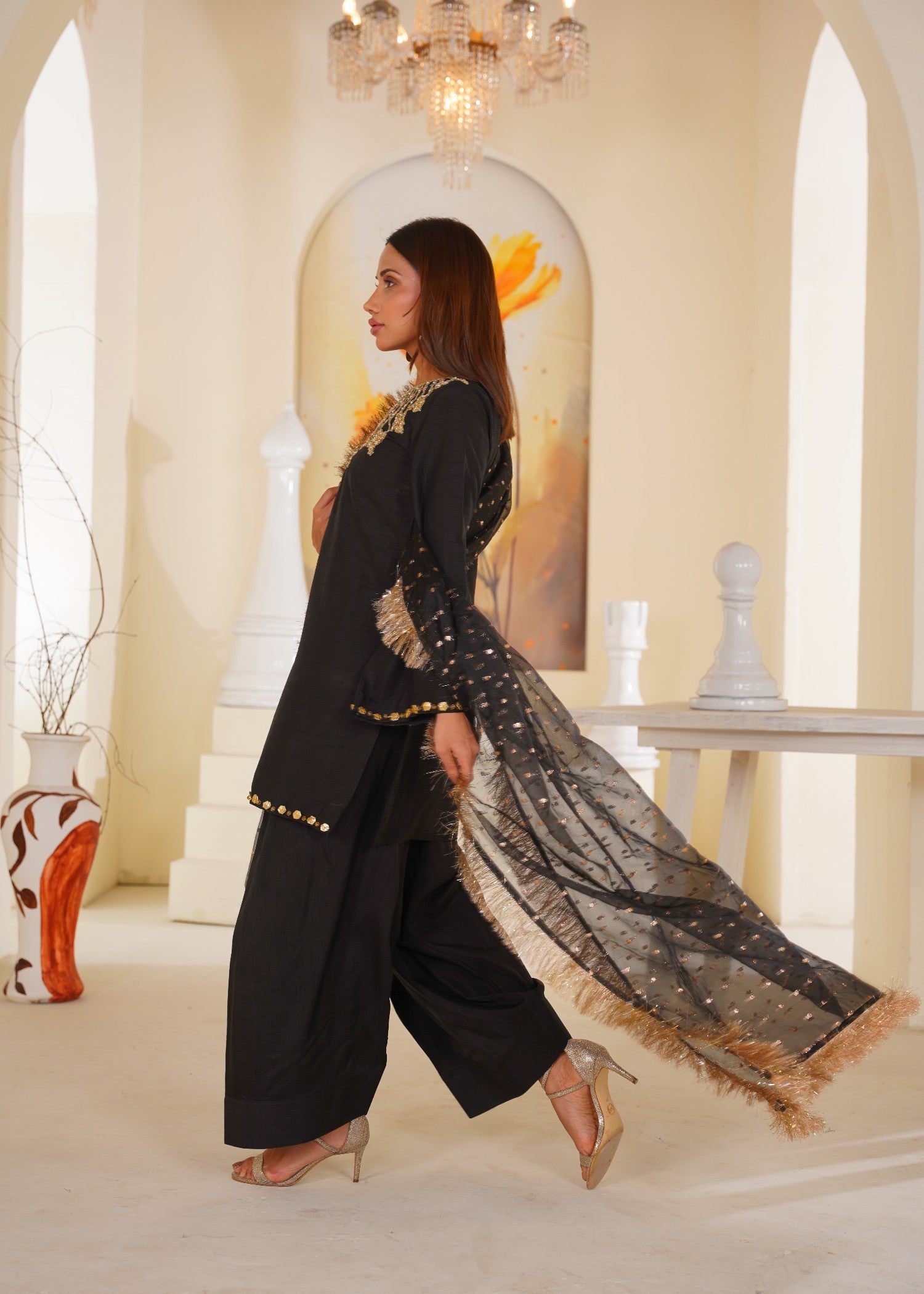 kattan silk Kurta Set in Jet black