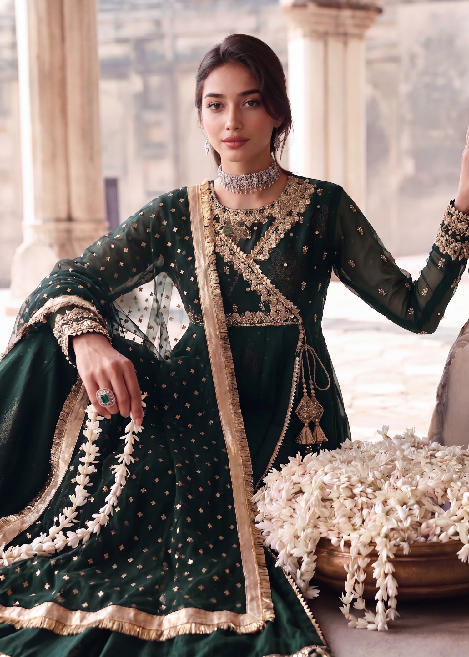 chiffon Angrakha in Dark green