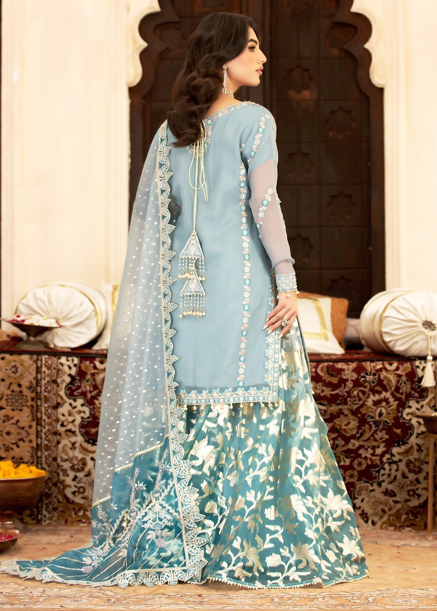 cotton net Sharara in Sky blue