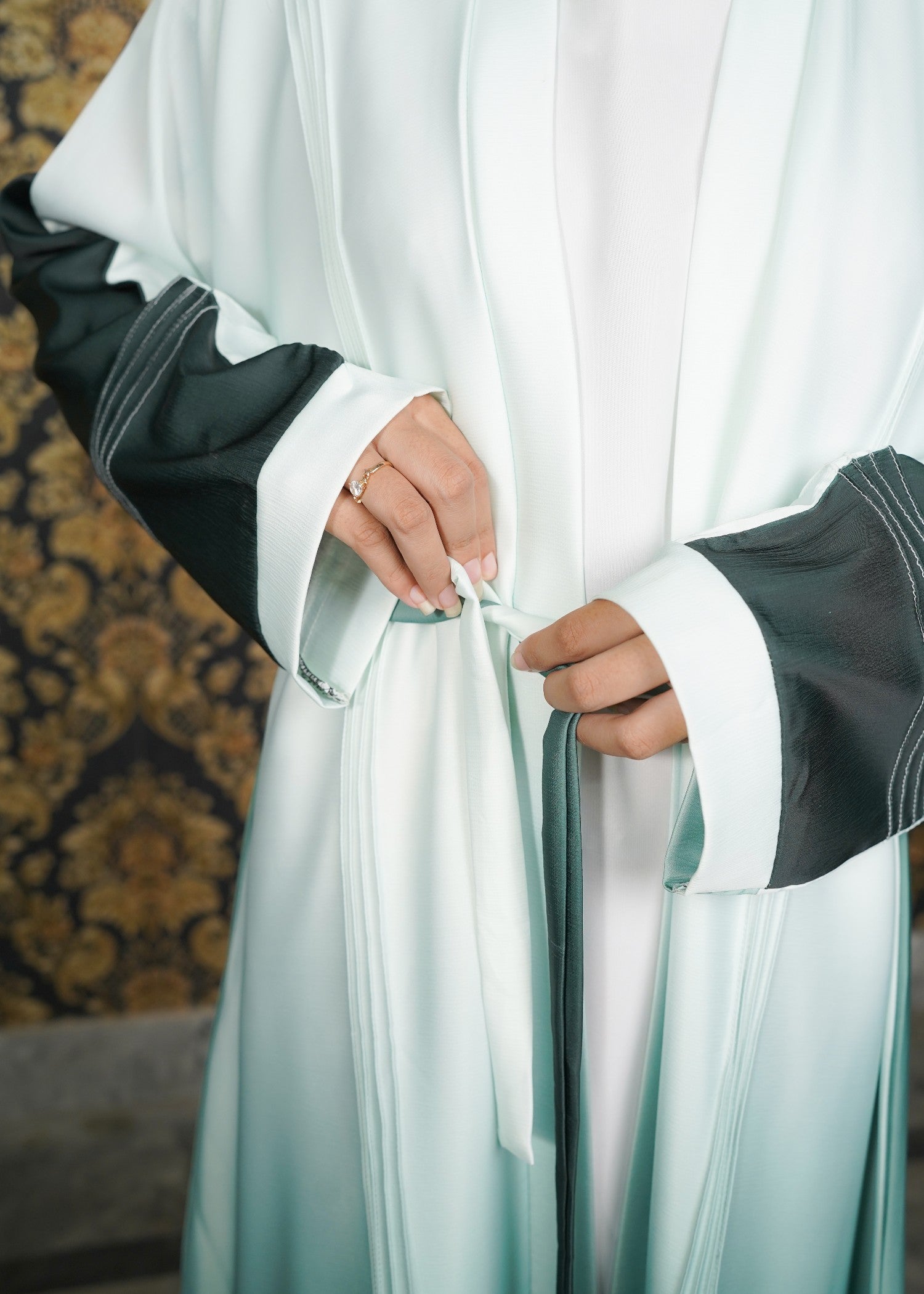thai silk Abaya in Bottle green, white