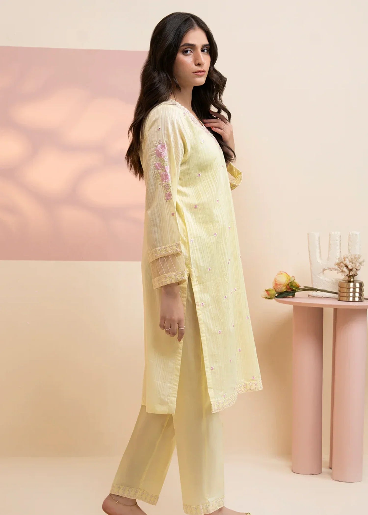 polyester Kurta Set in Light yellow