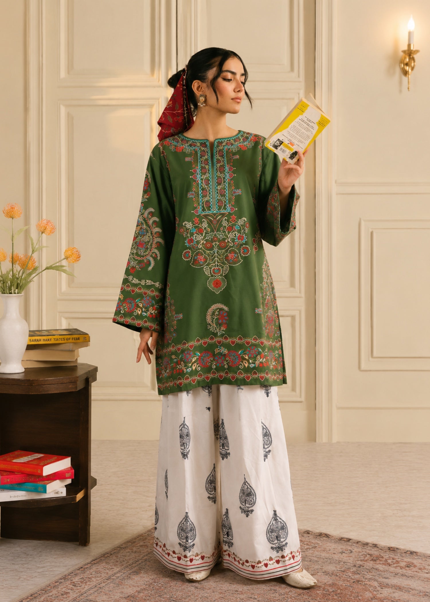 poly lawn Kurta Set in Olive green