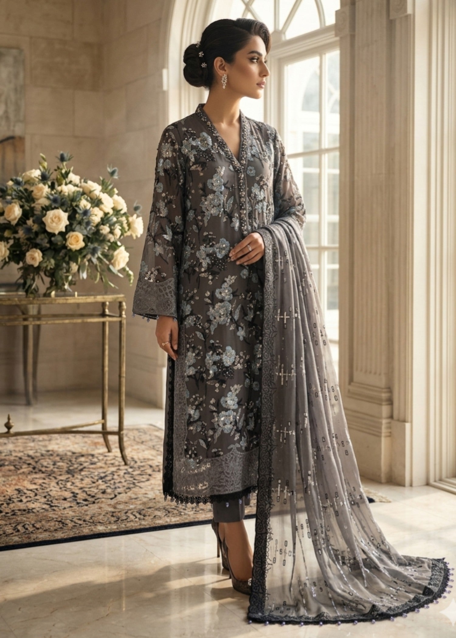 chiffon Kurta Set in Slate black