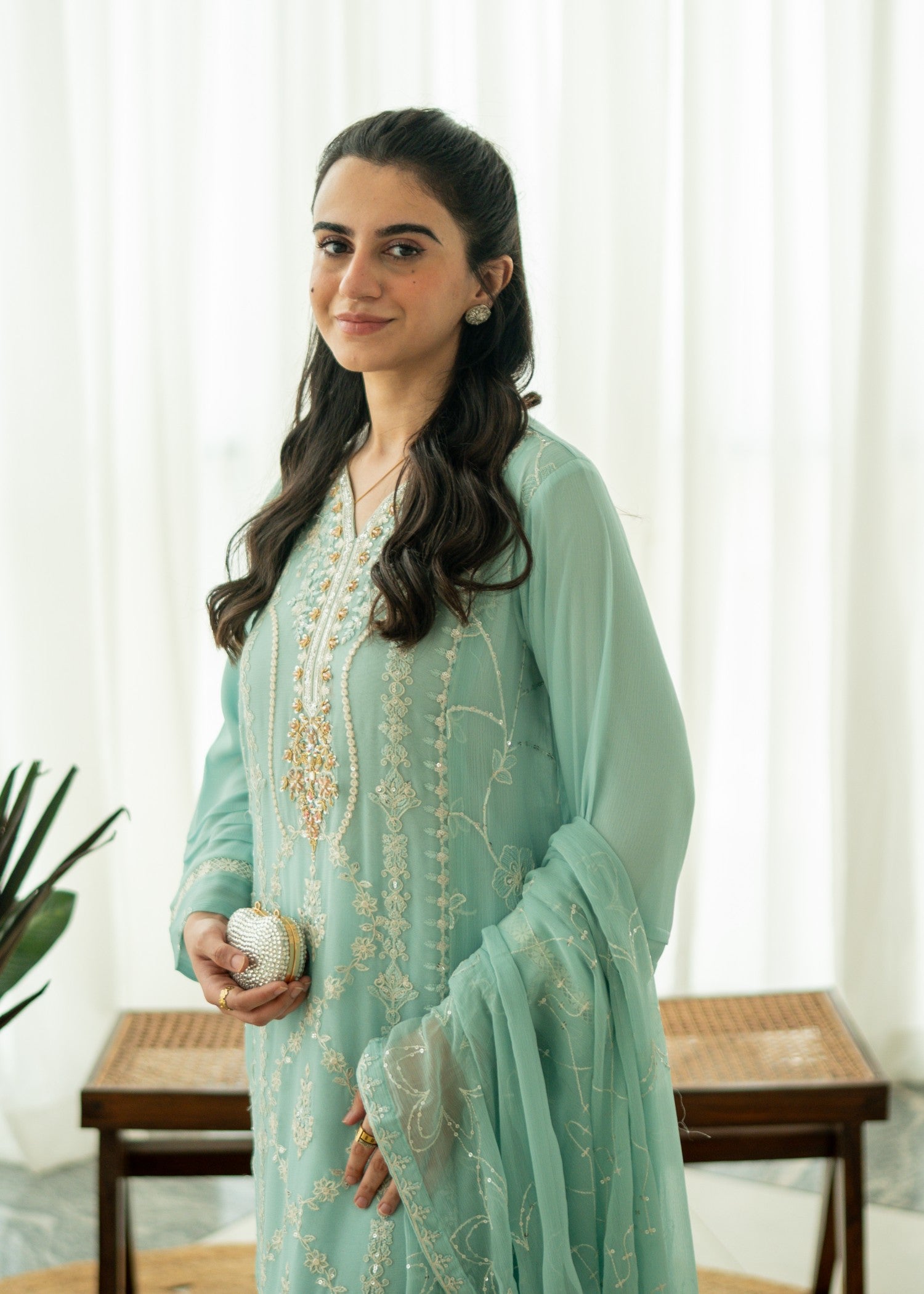 chiffon Kurta Set in Moss green