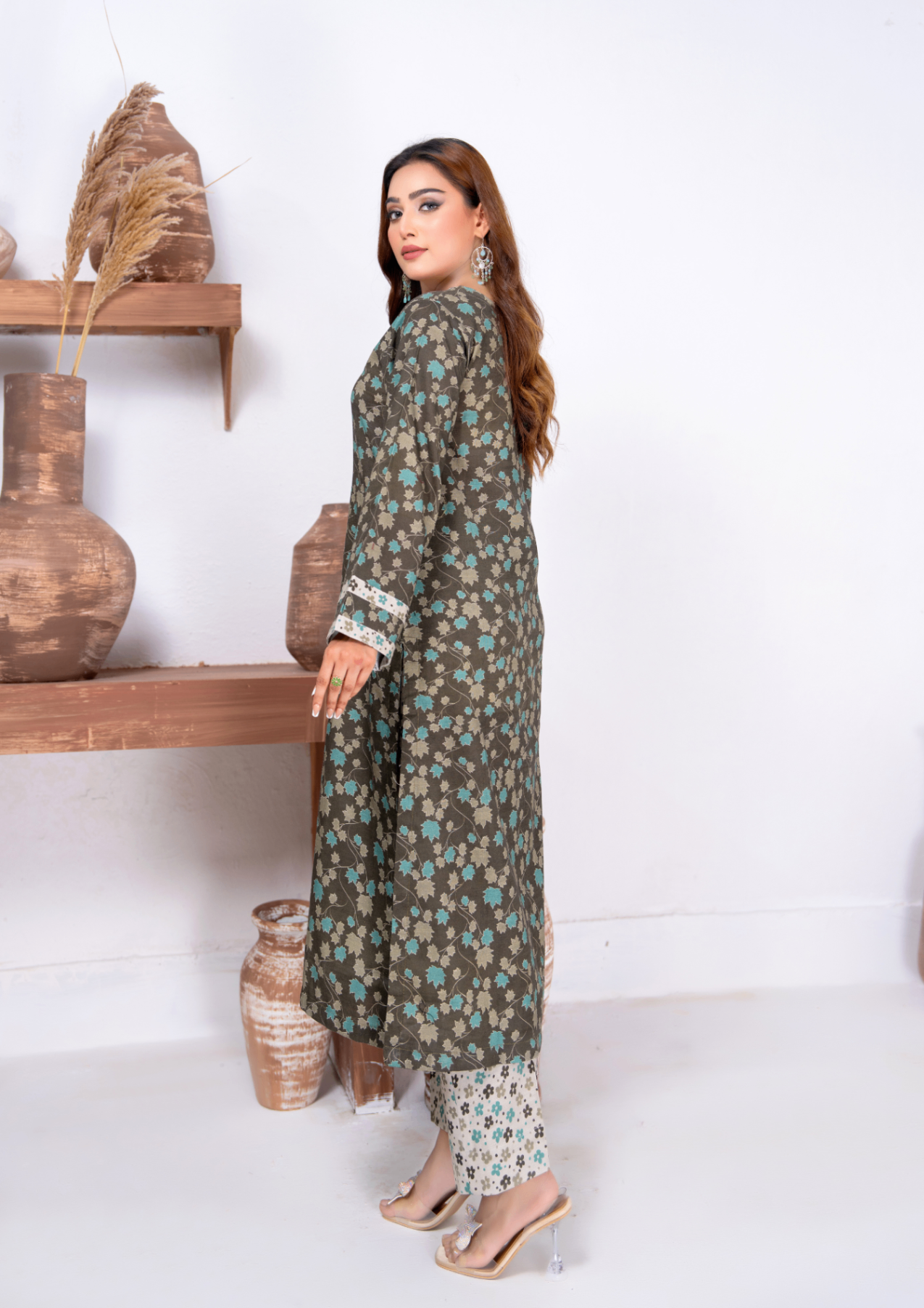 slub khaddar Kurta Set in Army green