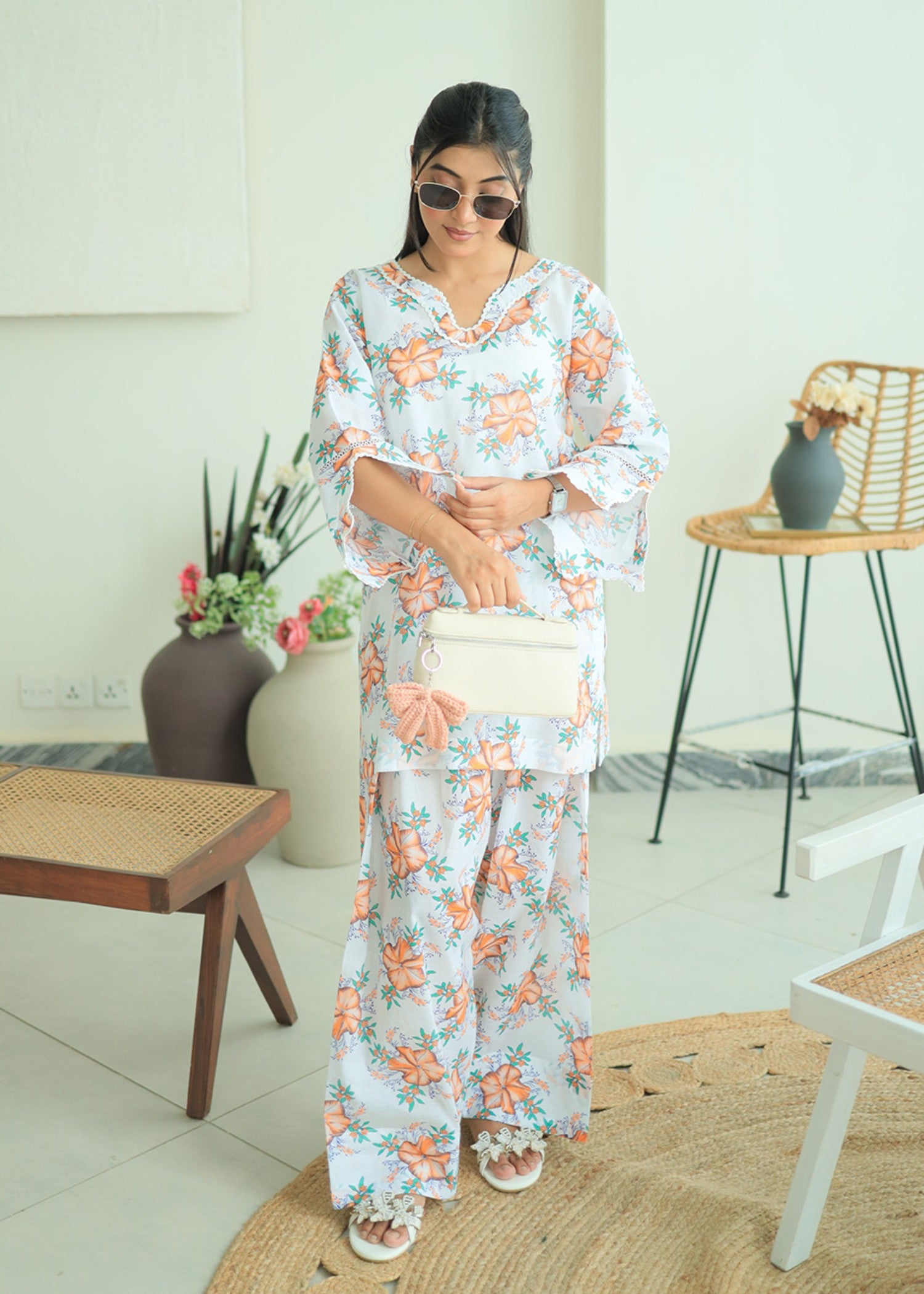lawn Co Ord Sets in White, jade green, peach orange
