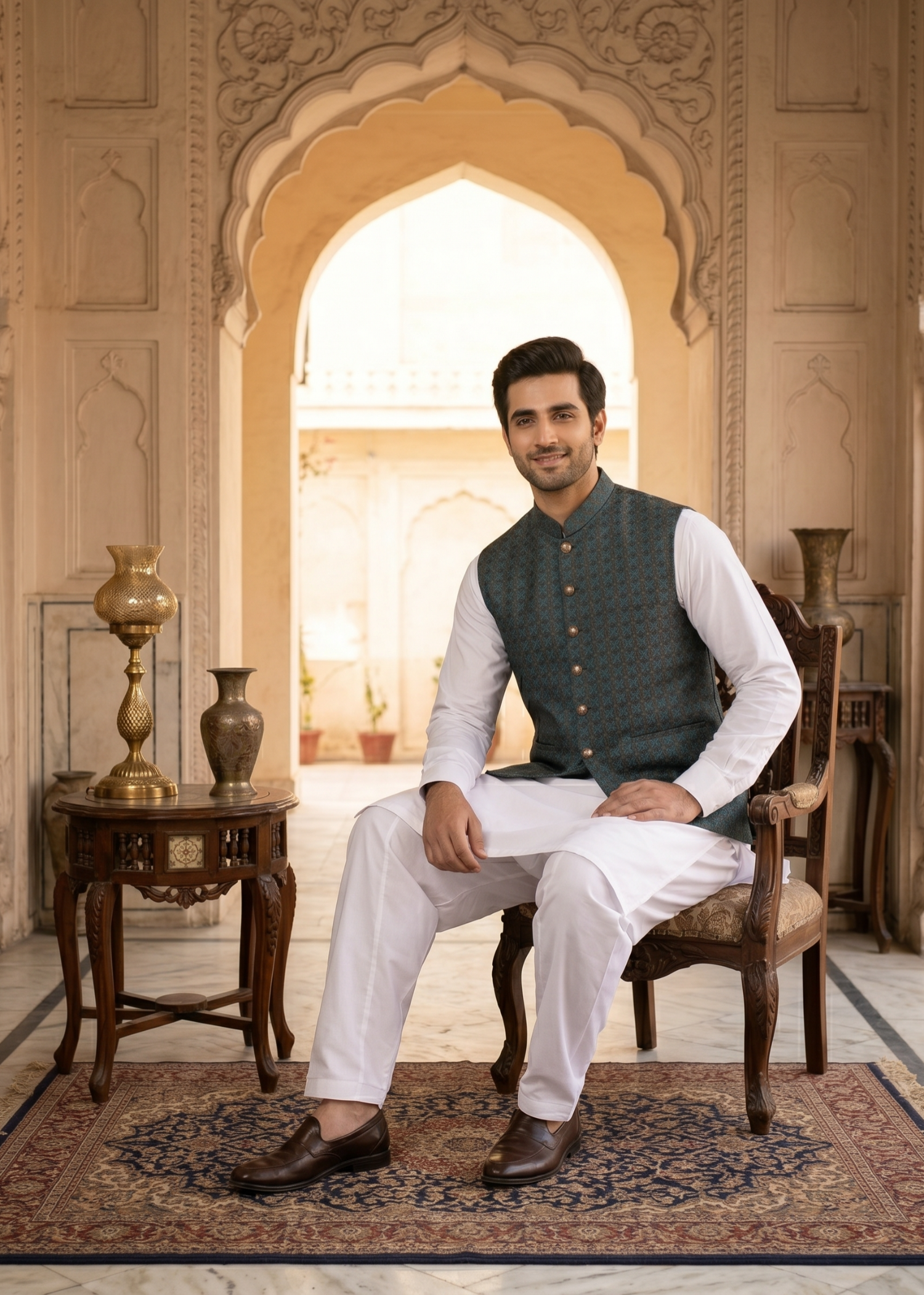 traditional jamawar Waistcoat in Brown, green