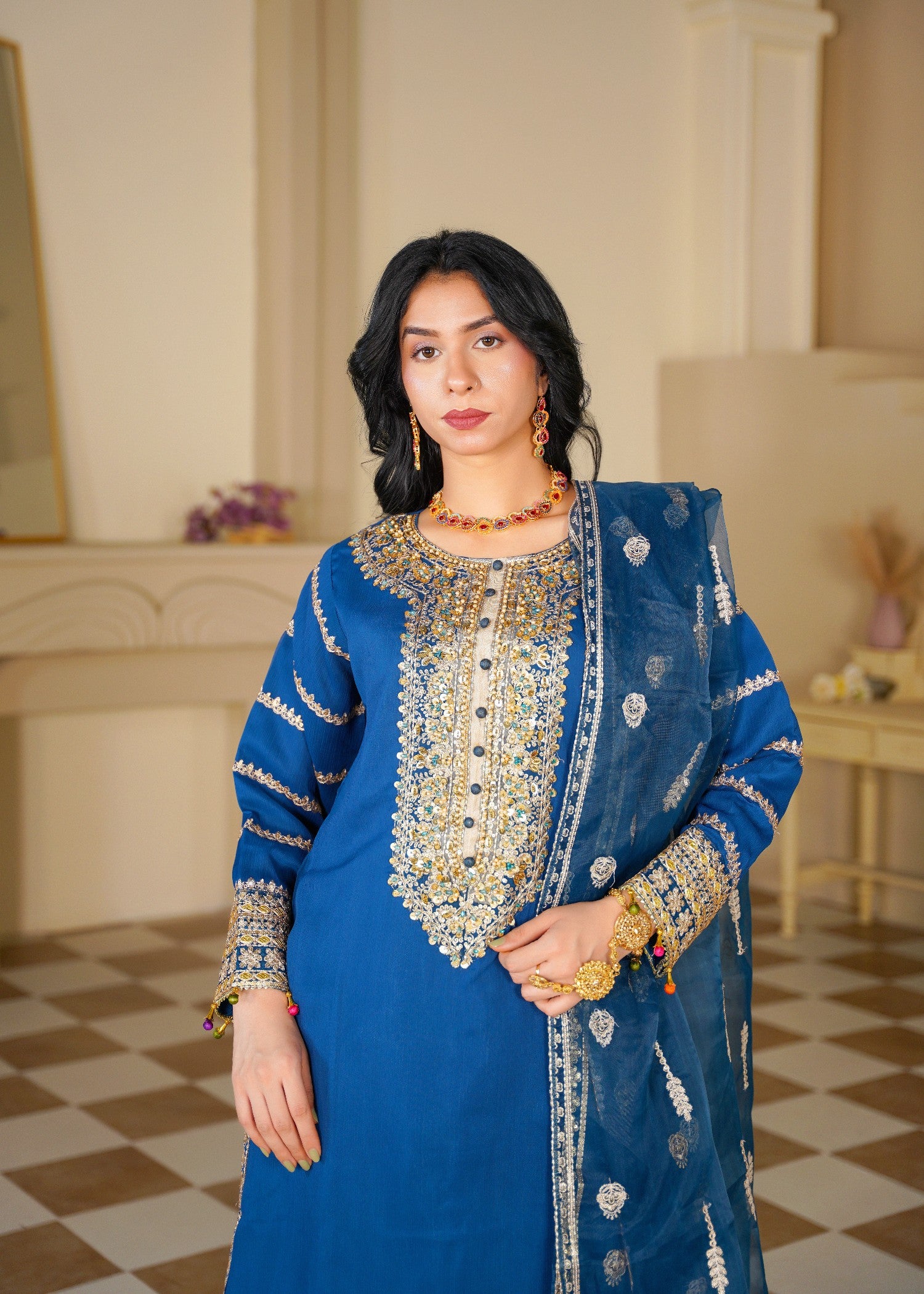 chiffon Kurta Set in Royal blue, gold