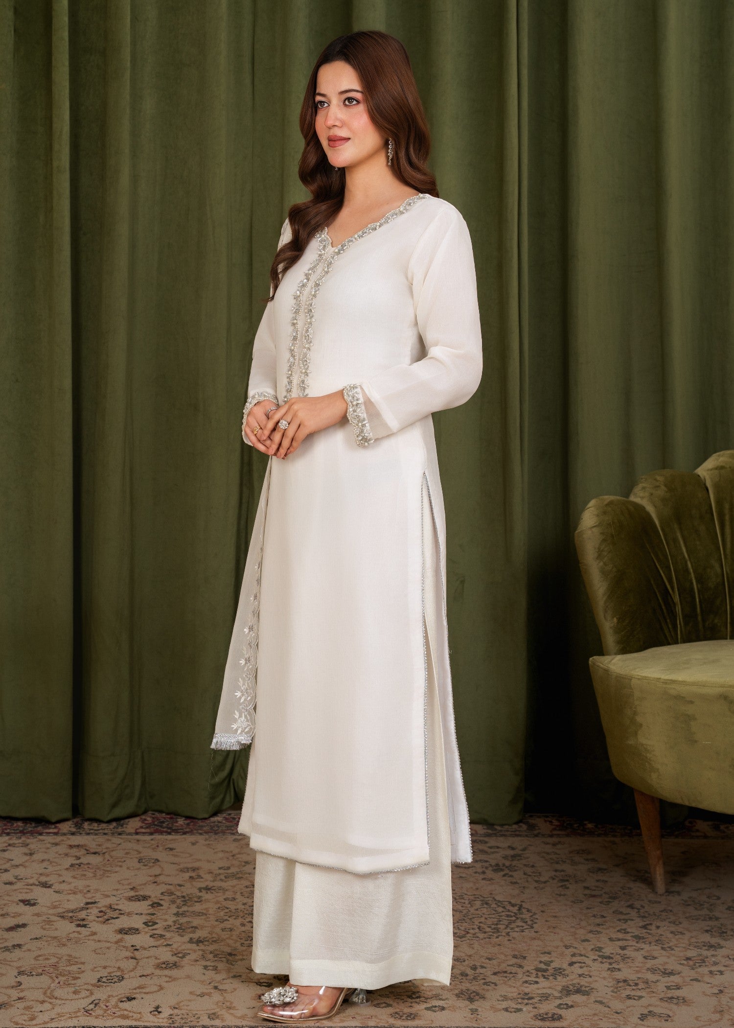 pk crinkle chiffon Kurta Set in Milk