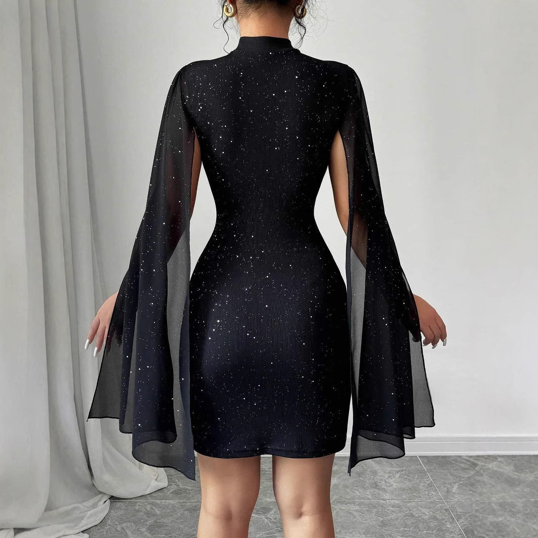 Women's Sexy Elegant Evening Party Dresses Round Neck Pit Stripe Pearl Chiffon Cape Sleeve Wrapped Hip Dress