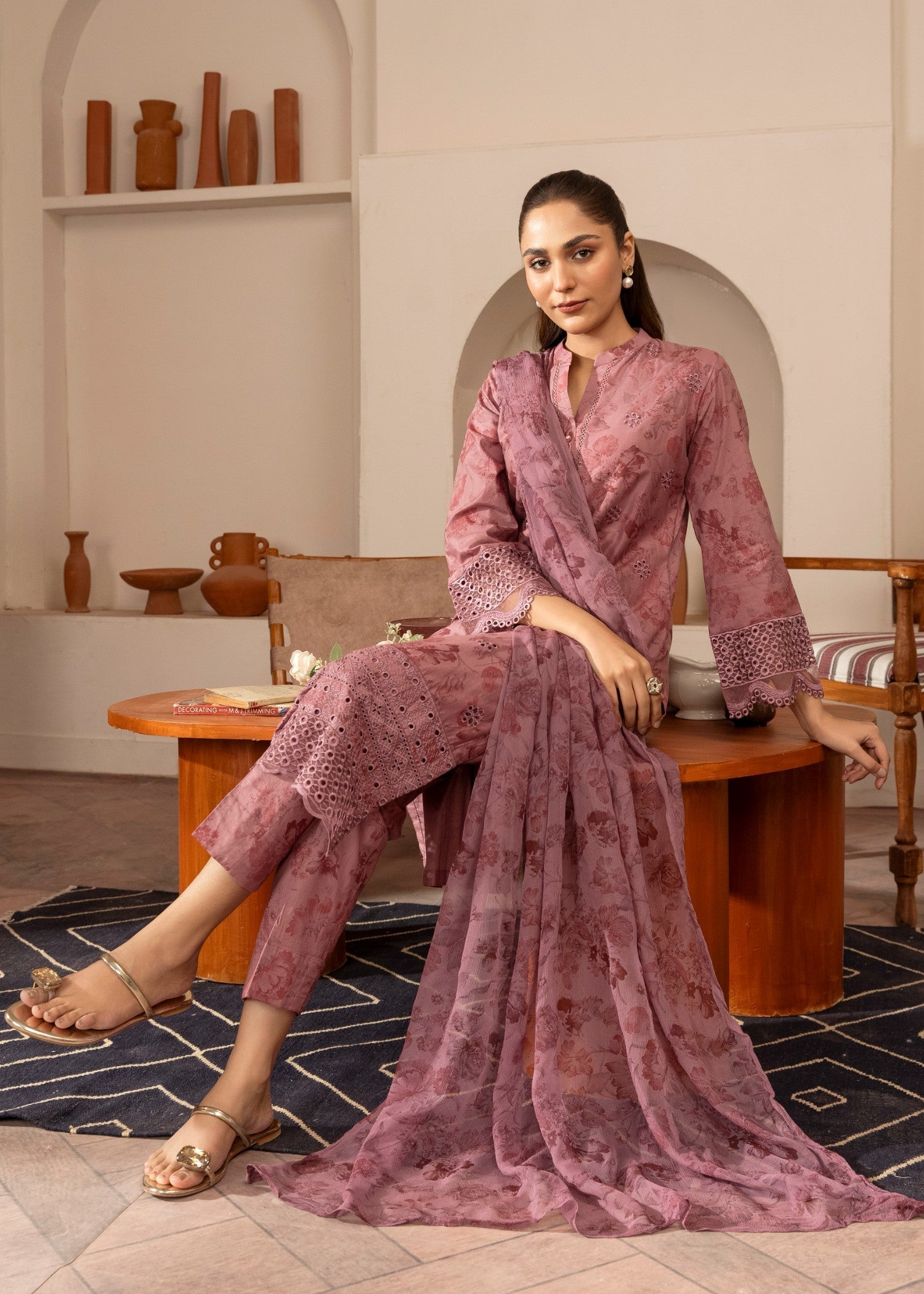 lawn Kurta Set in Mauve pink