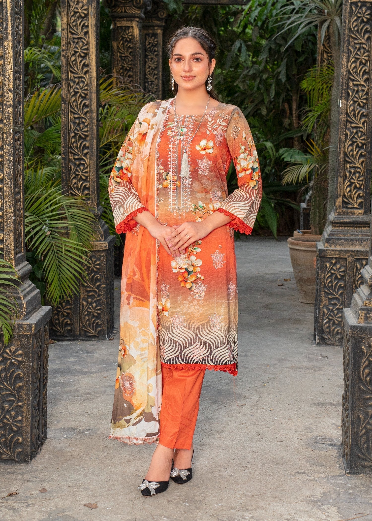 ribbed lawn Kurta Set in Orange