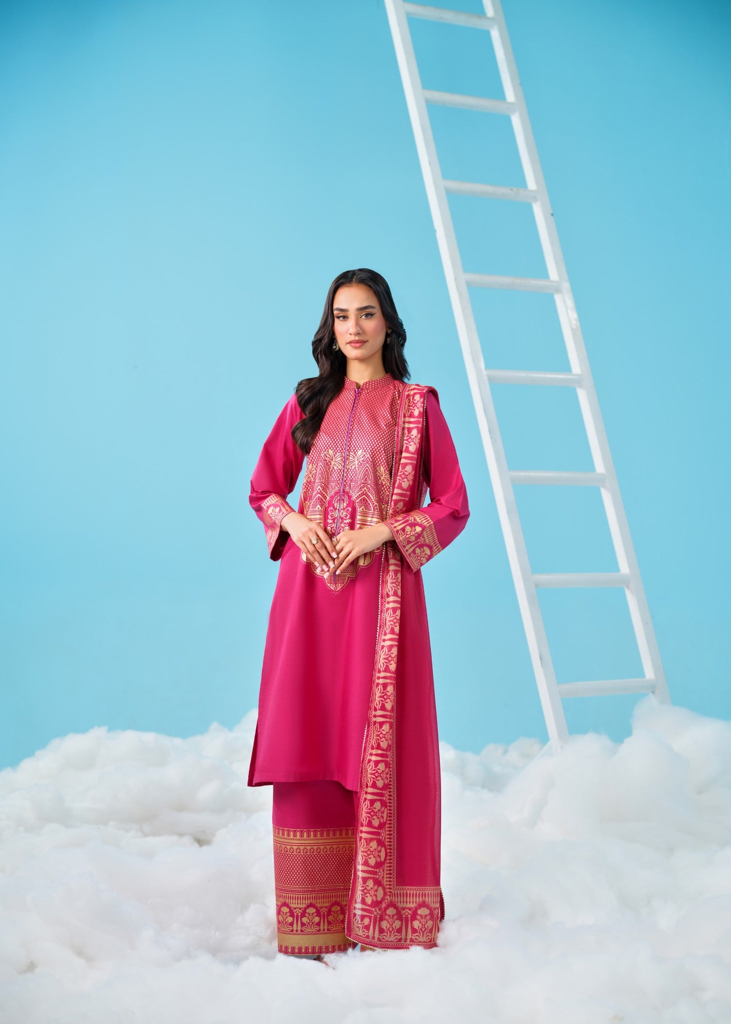 cambric cotton Kurta Set in Hot pink