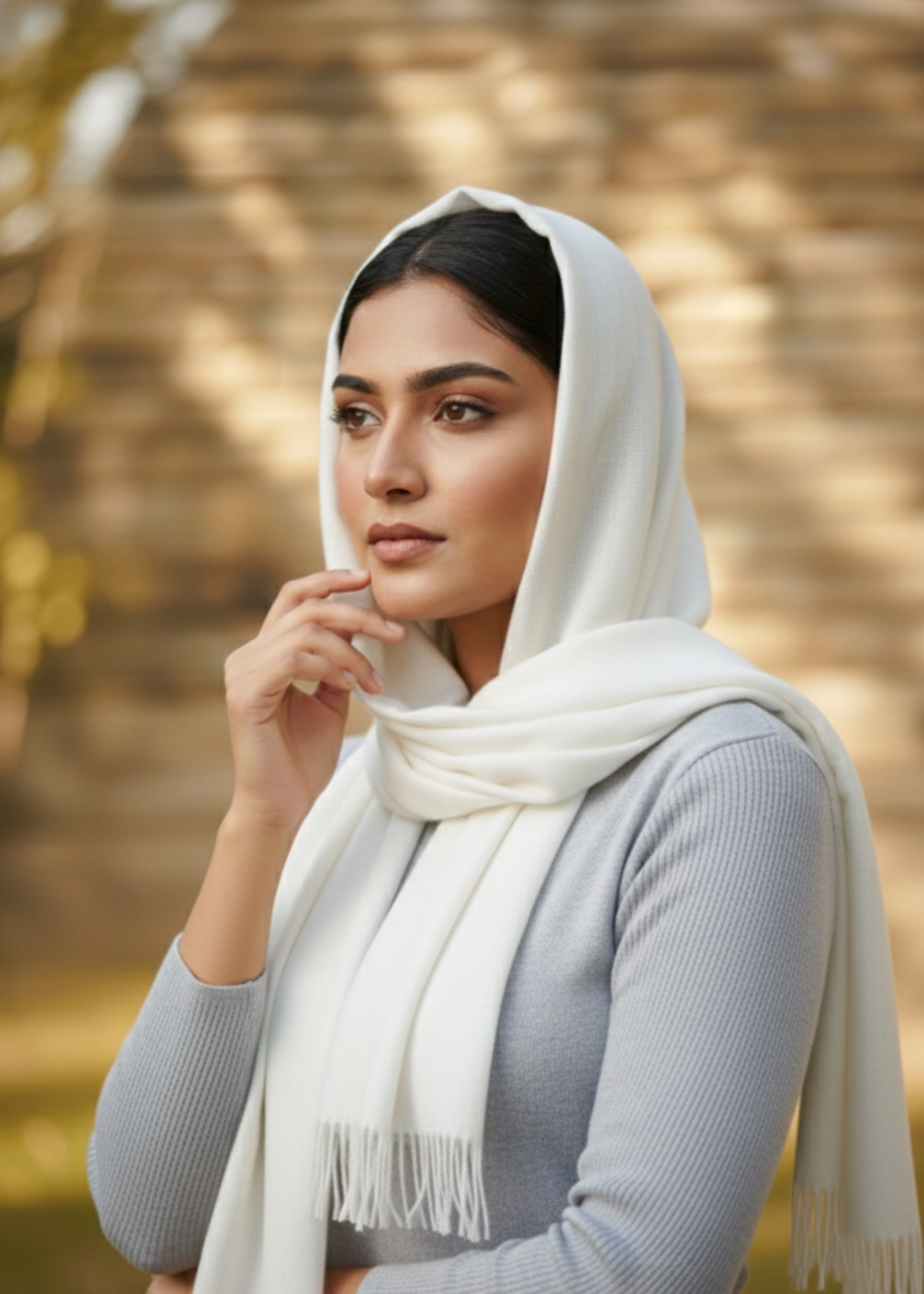 cashmere wool Hijab in White