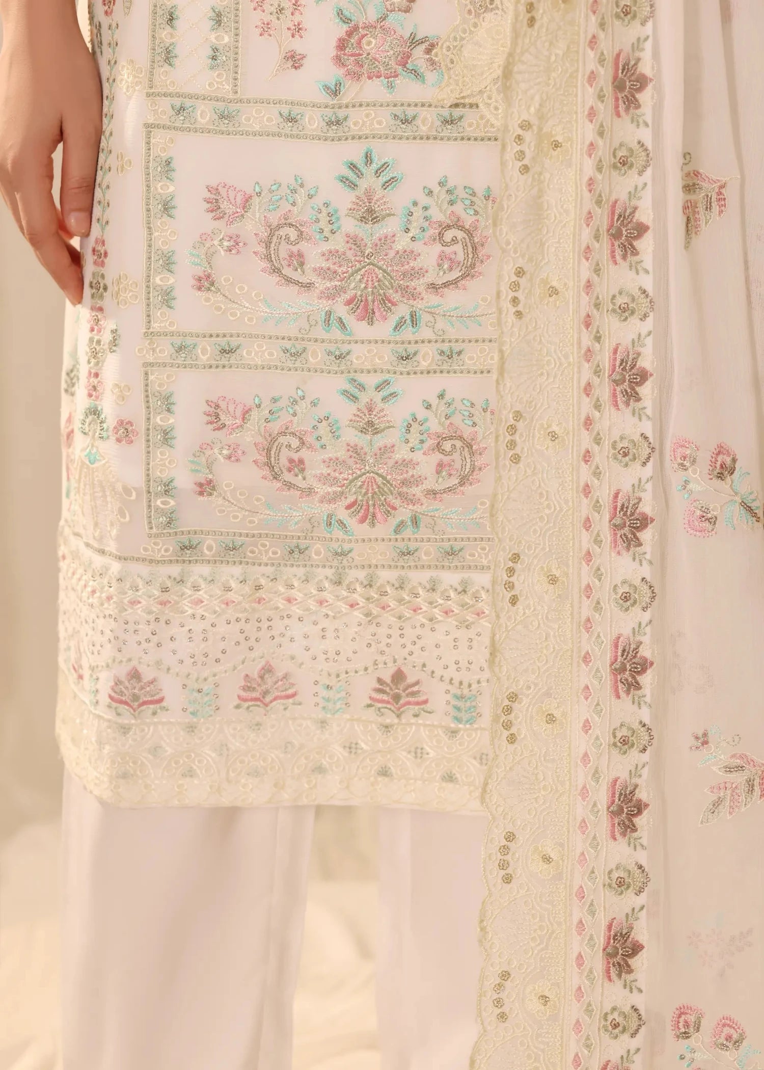 chiffon Kurta Set in Ivory
