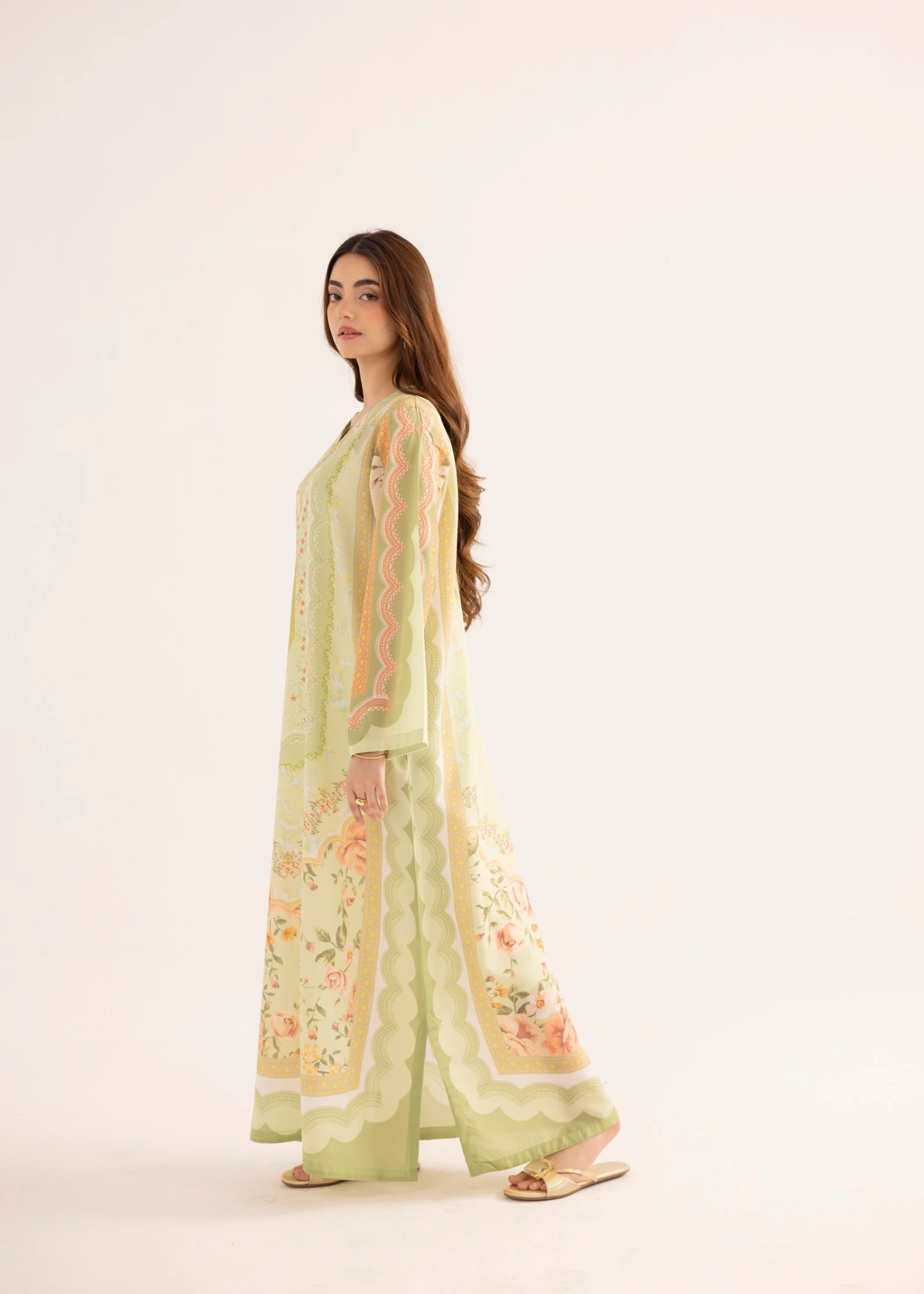silk finish lawn Kaftan in Acid yellow