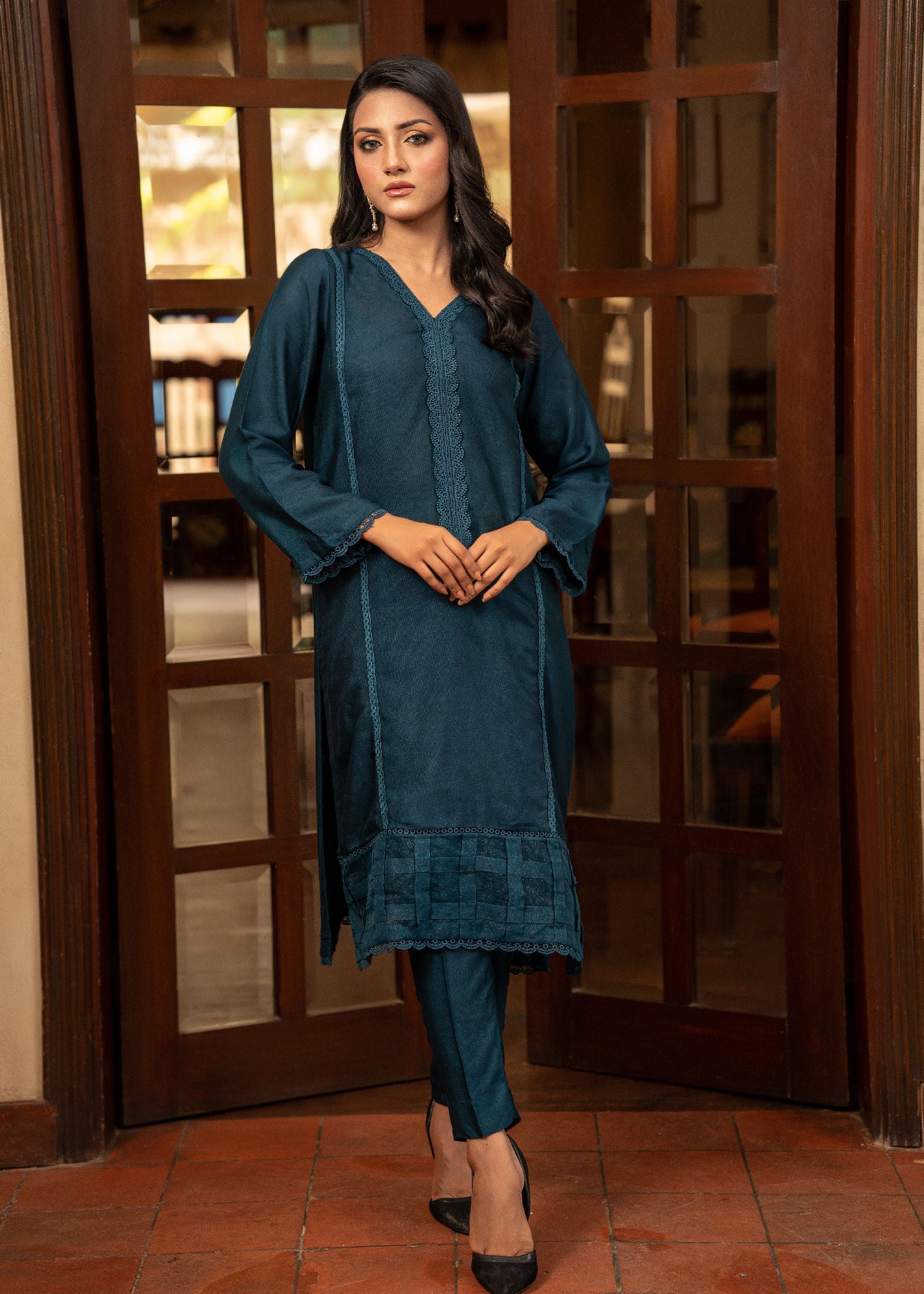 cotton net Kurta Set in Teal