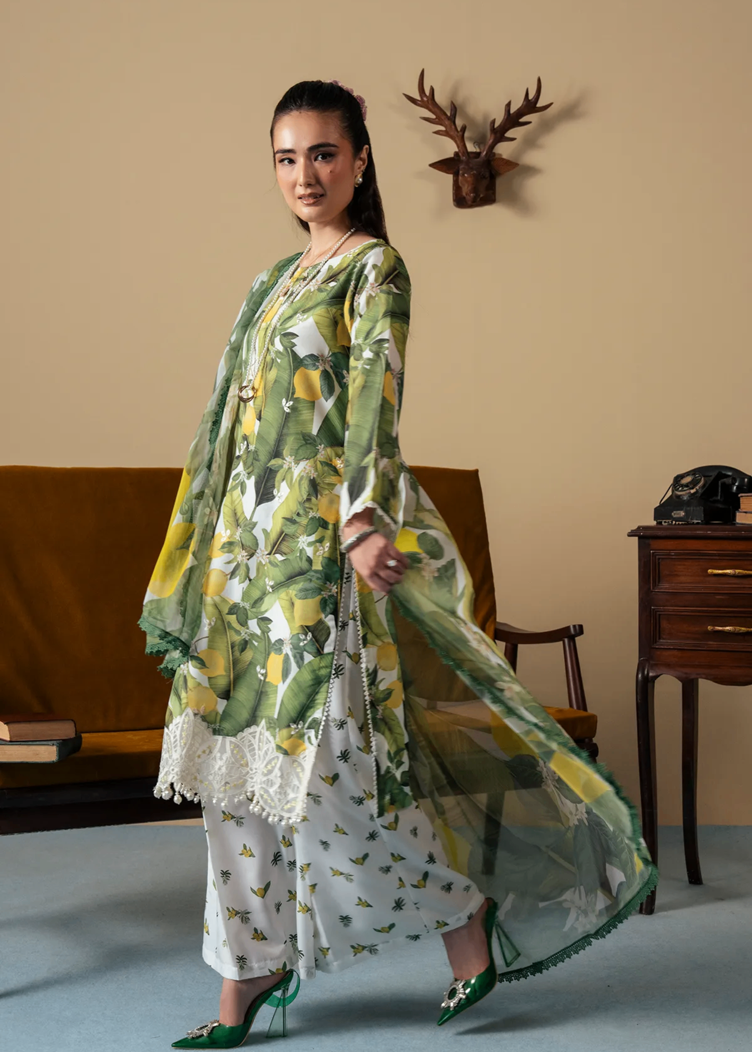 silk Kurta Set in White, green