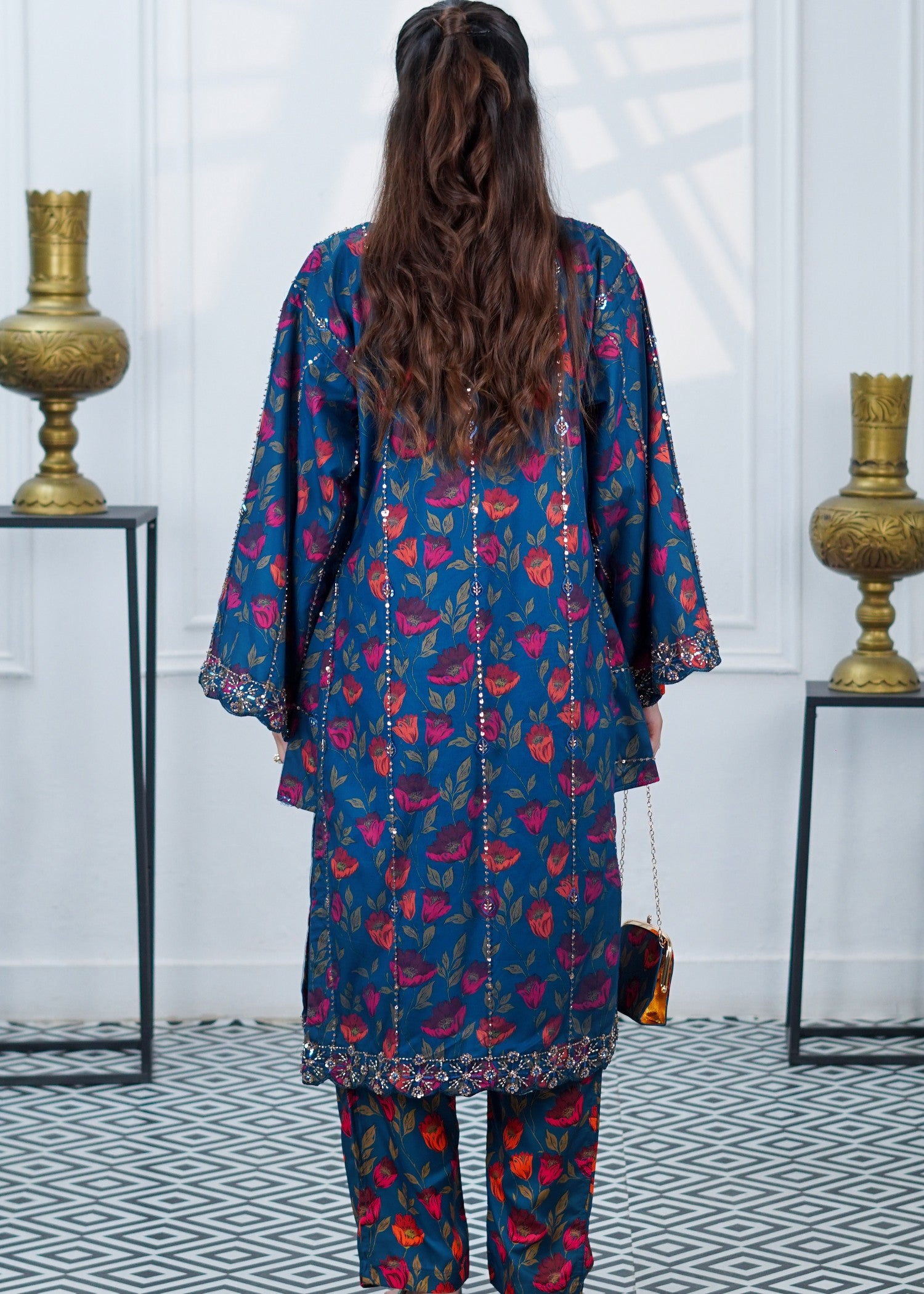crepe Kurta Set in Ocean blue