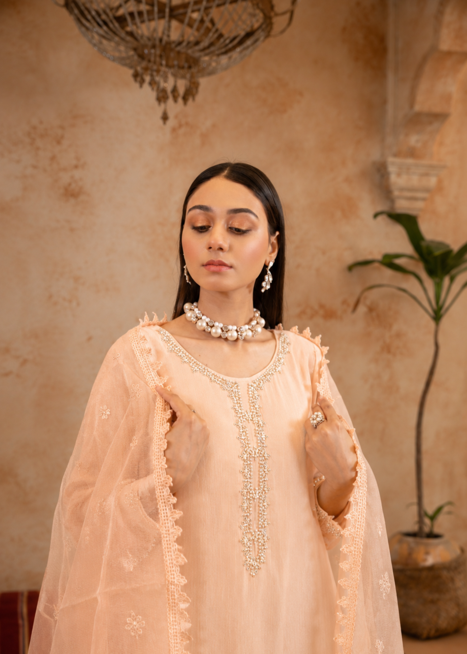 raw silk Kurta Set in Peach orange