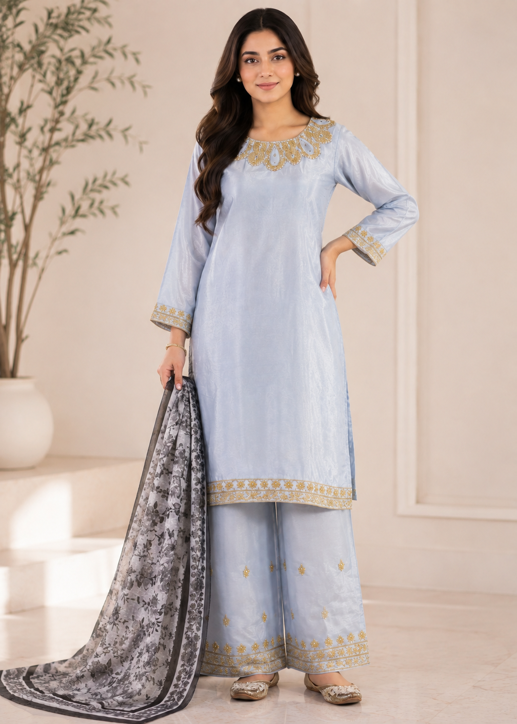 silk Kurta Set in Light blue