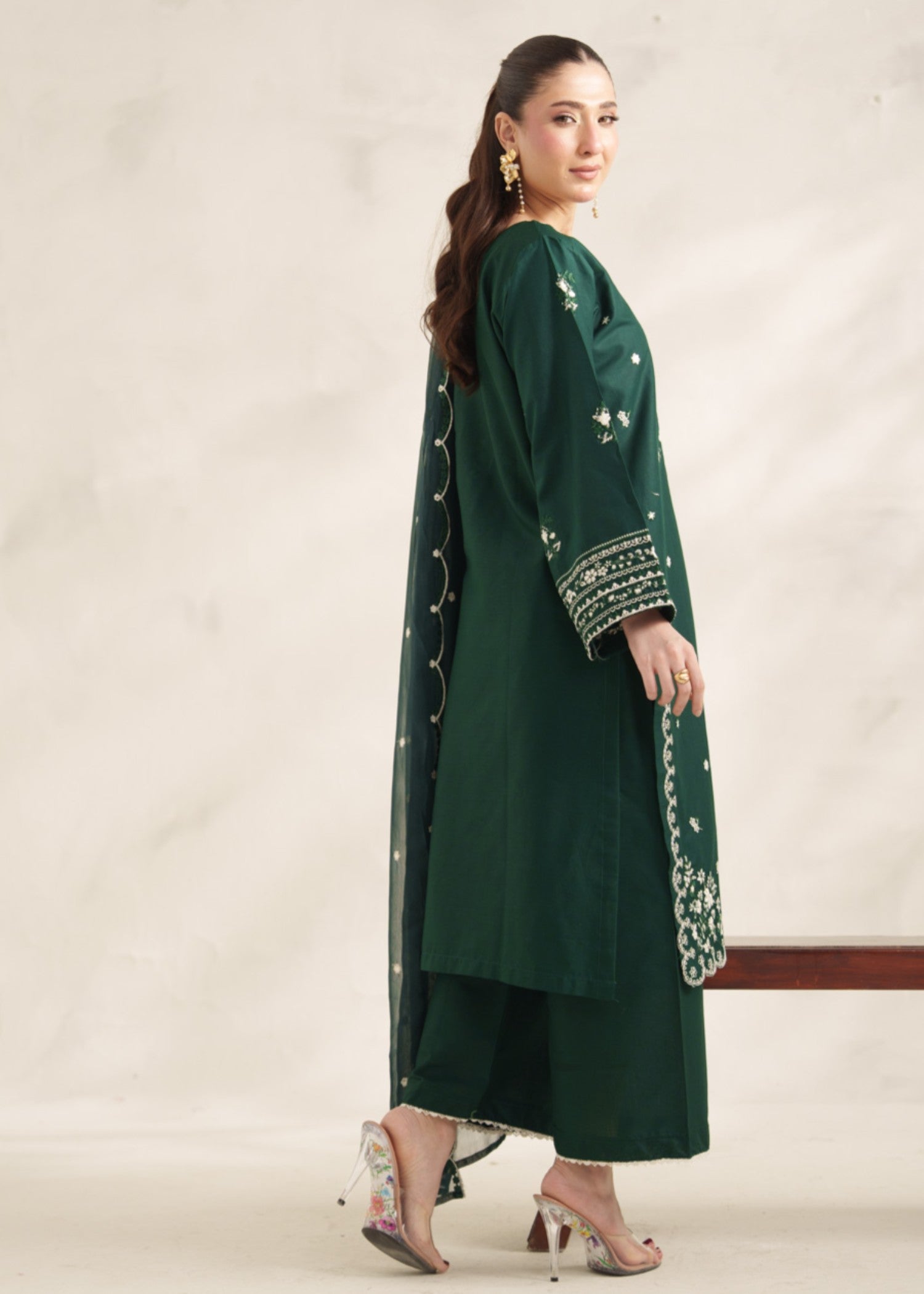 lawn Kurta Set in Bottle green