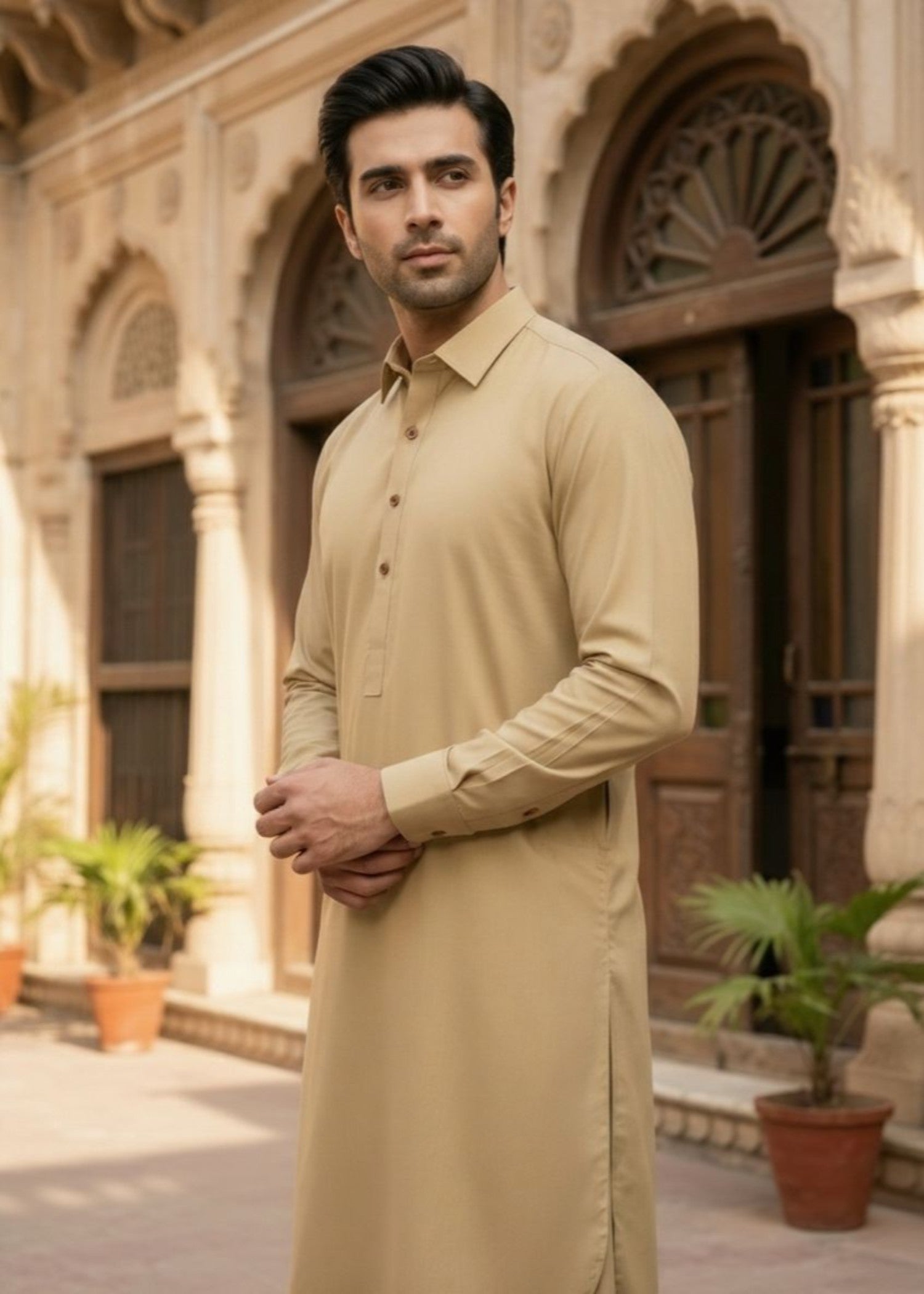 wash & wear Shalwar Kameez in Gold, khaki brown by Dulha Fashion House