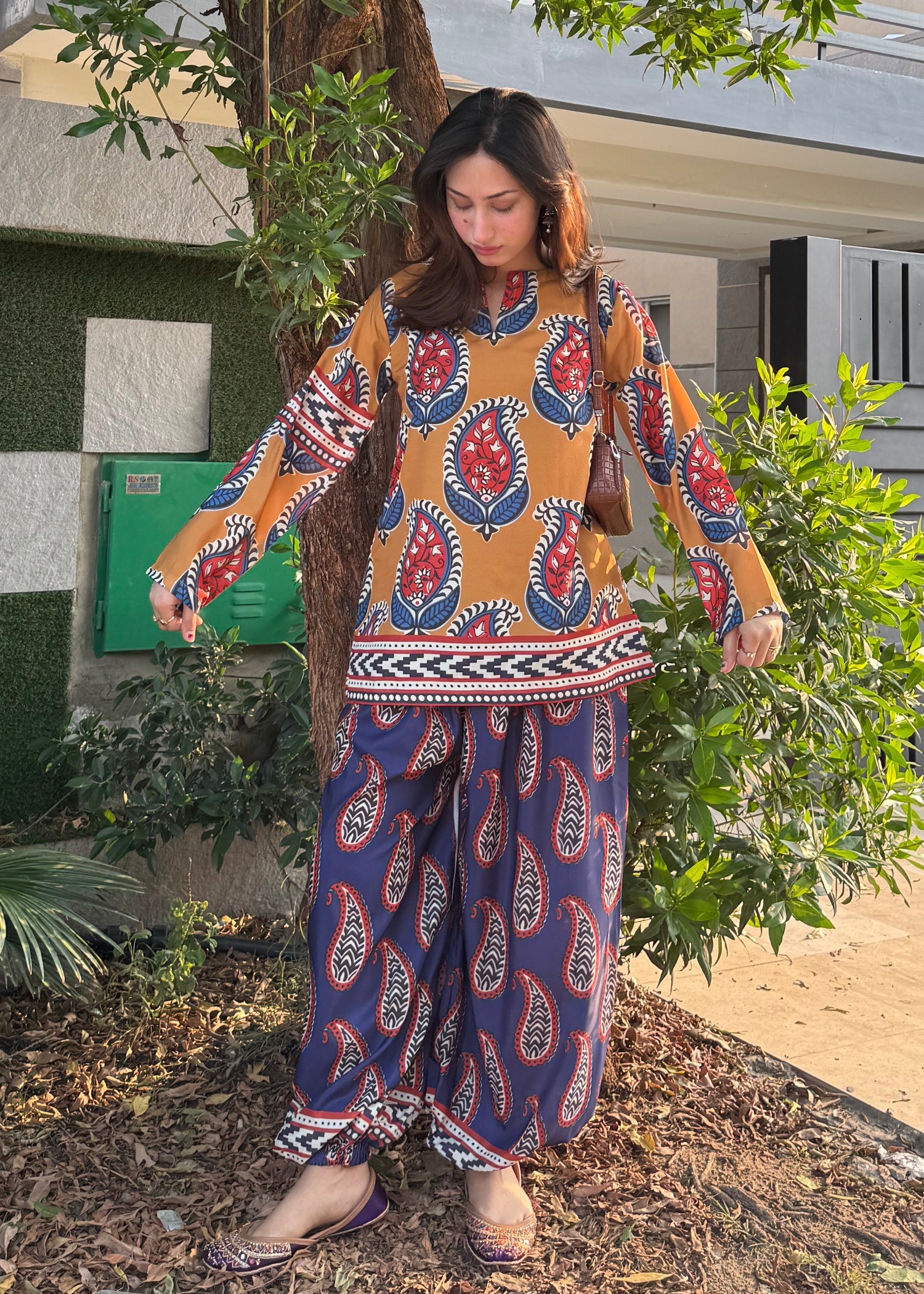 poly lawn Kurta Set in Navy blue, honey