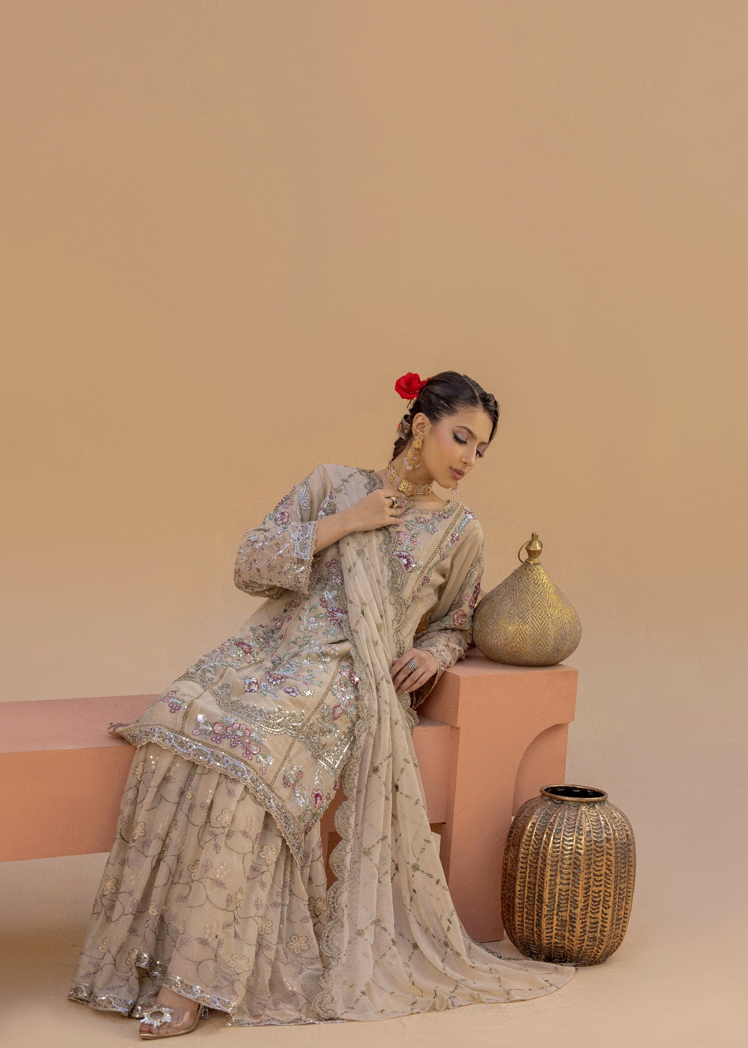 chiffon Gharara in Beige