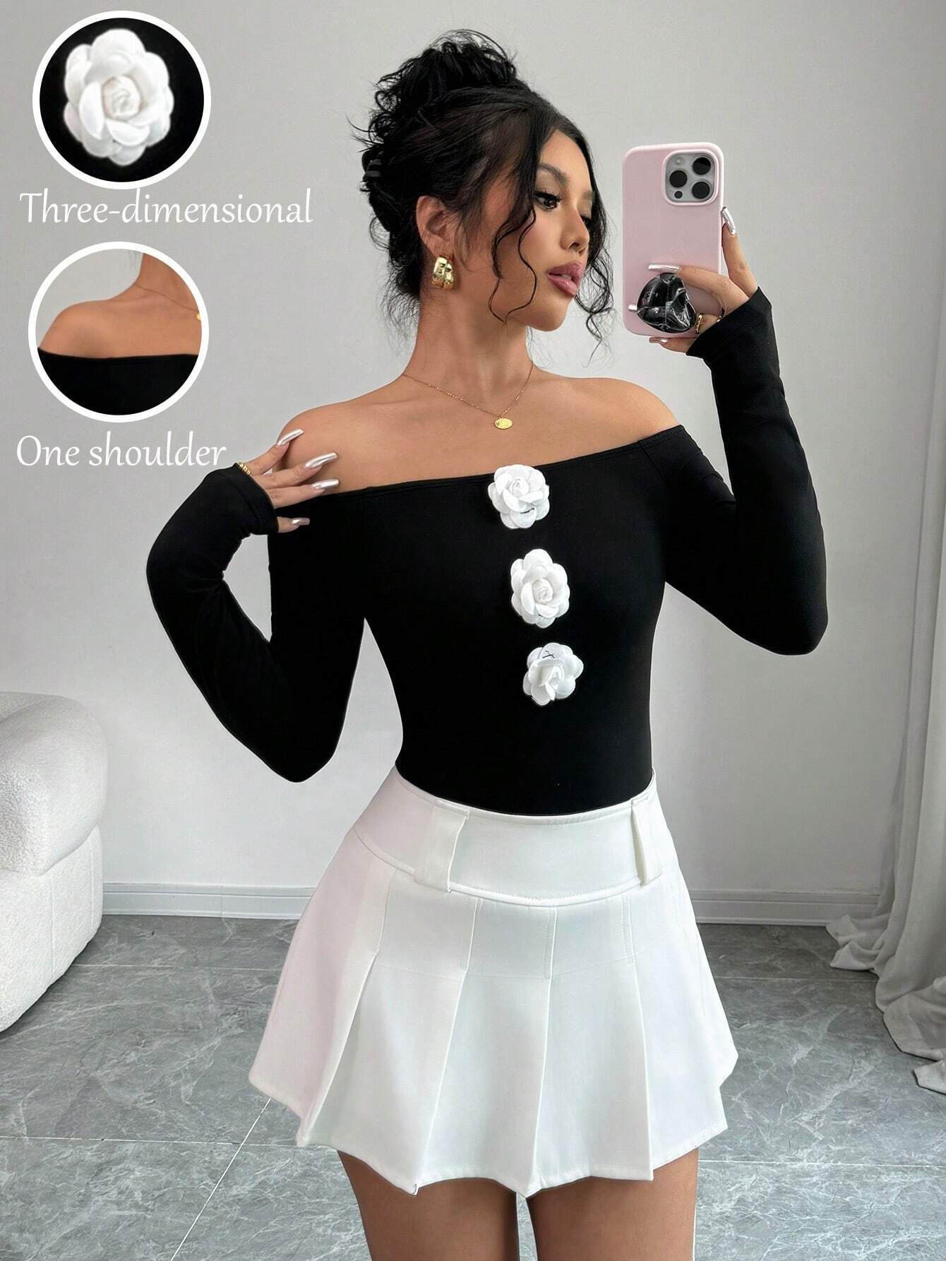3D Floral Off-the-shoulder Off-neck Slim-fit Long-sleeved T-shirt