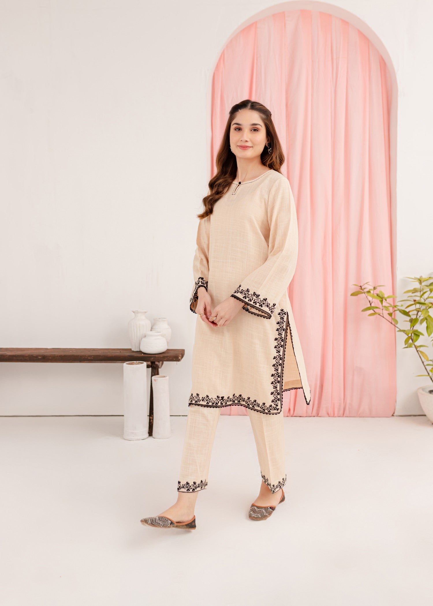 khaddar Kurta Set in Cream