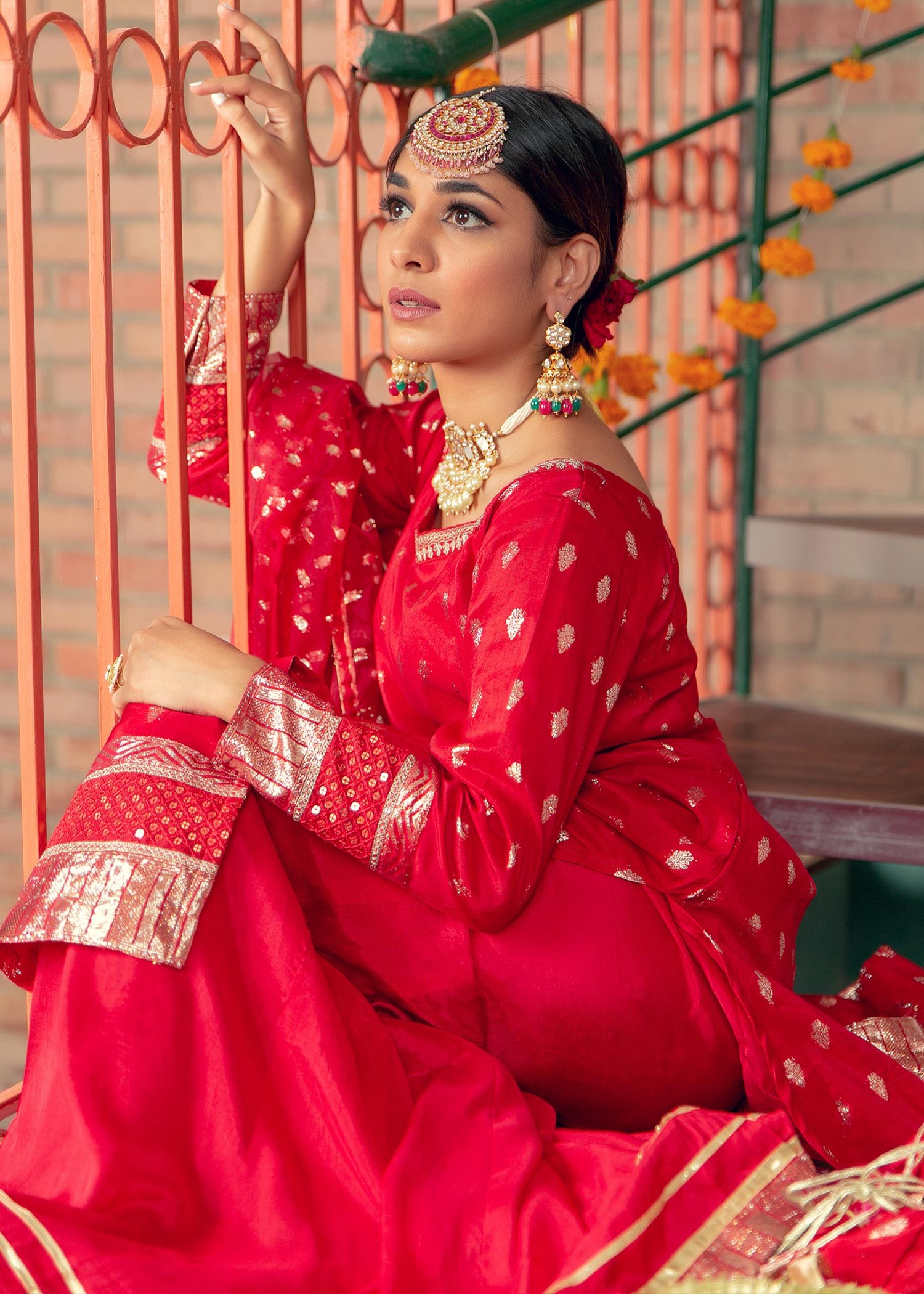 lawn karandi Gharara in Red