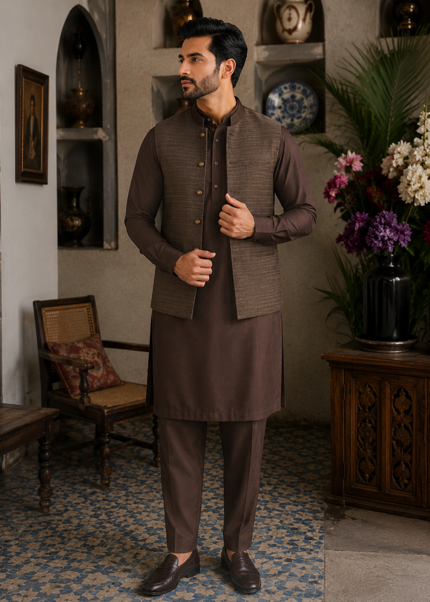 textured wash & wear Waistcoat in Copper