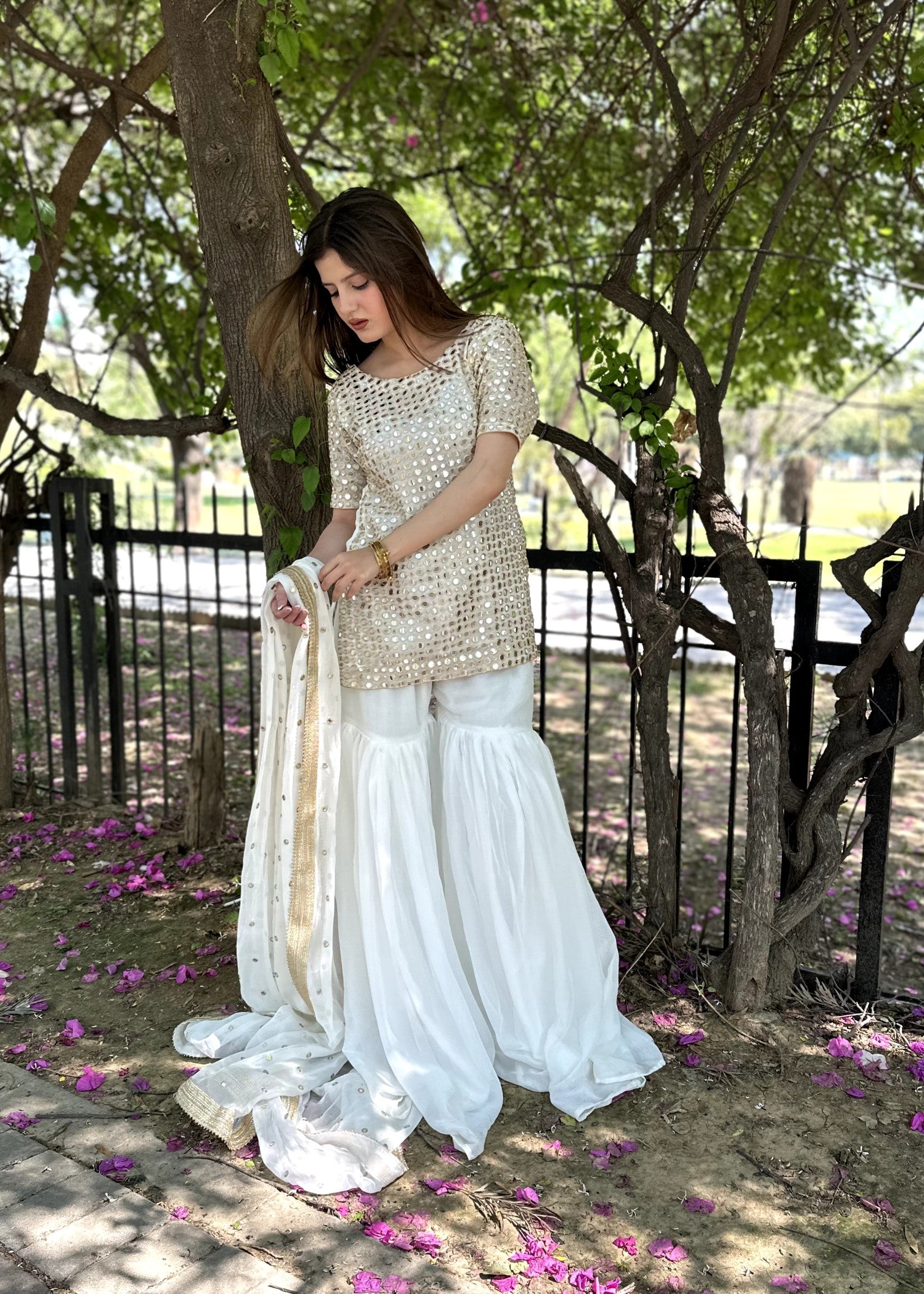 bemberg crinkle chiffon Gharara in White