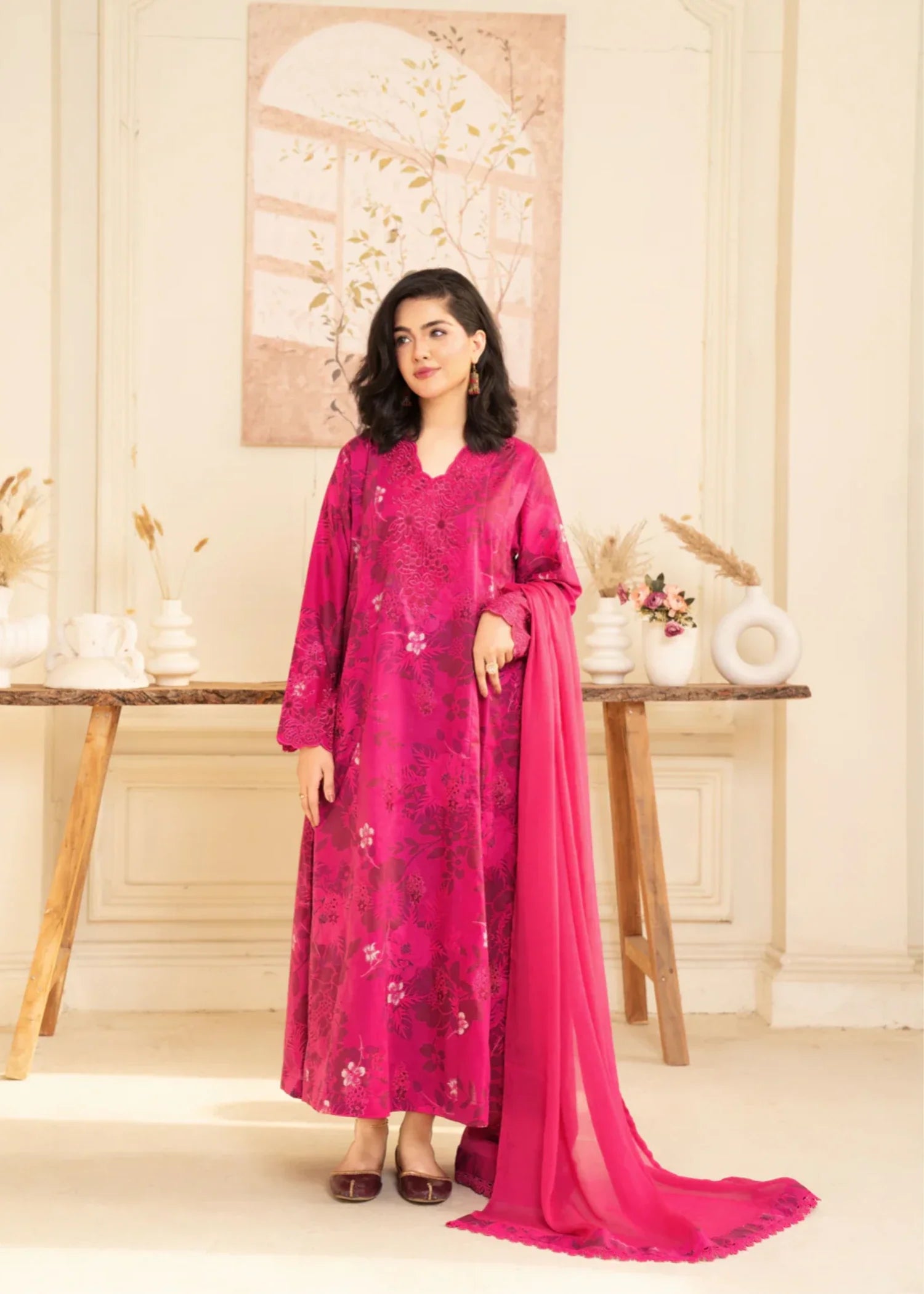 lawn cotton Pishwas in Shocking pink