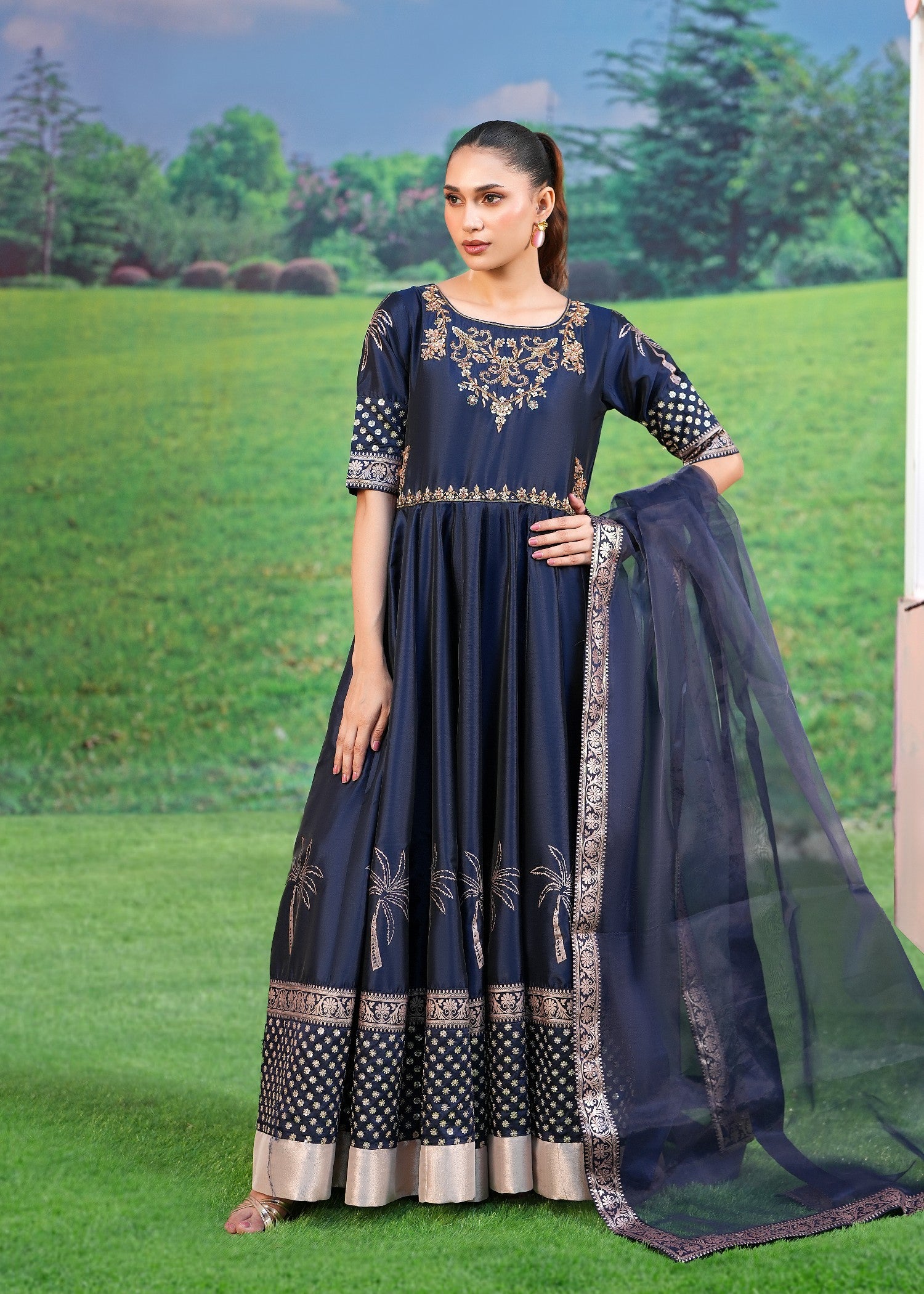 kattan silk Pishwas in Navy blue