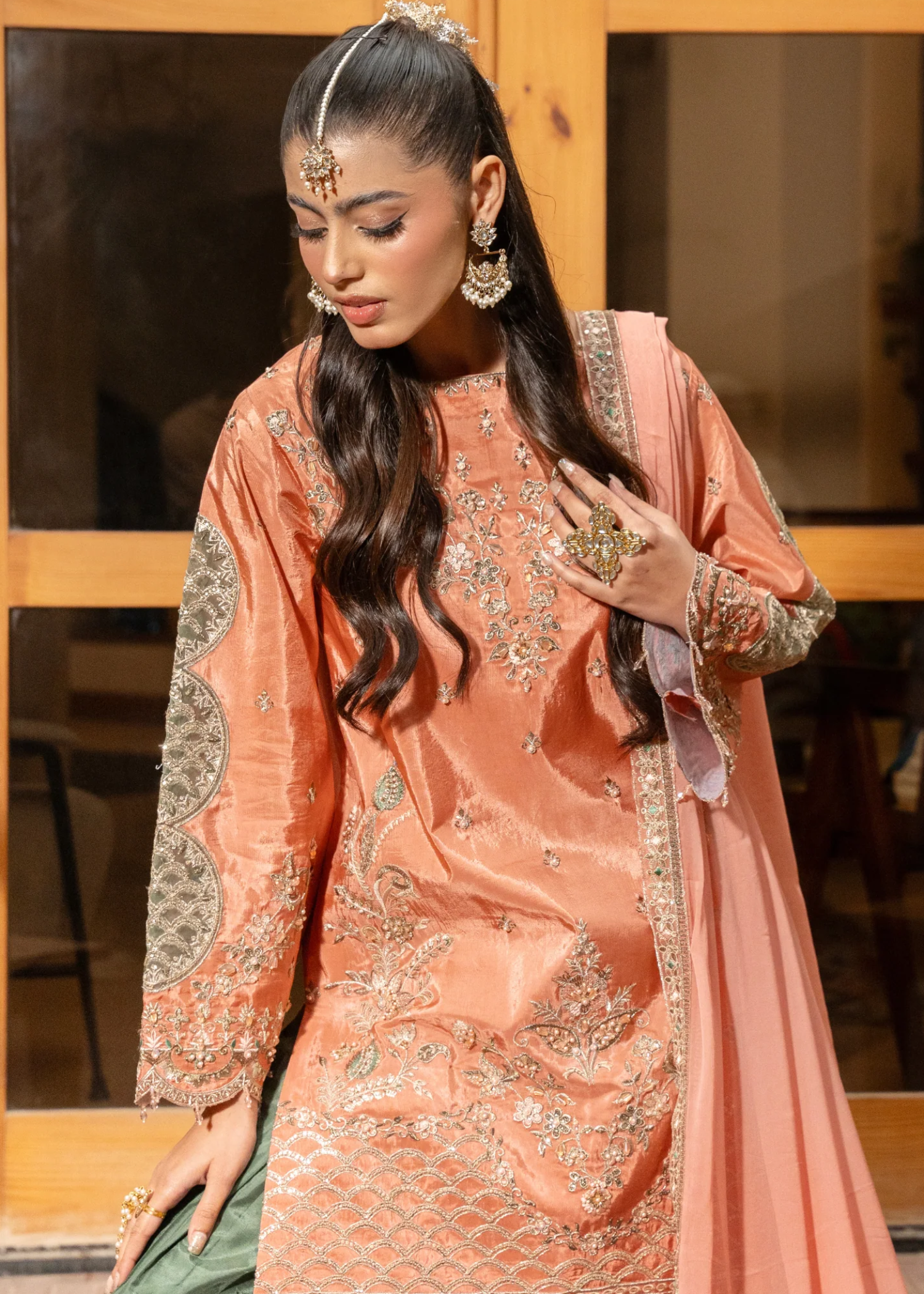 silk Unstitched in Light salmon, hunter green