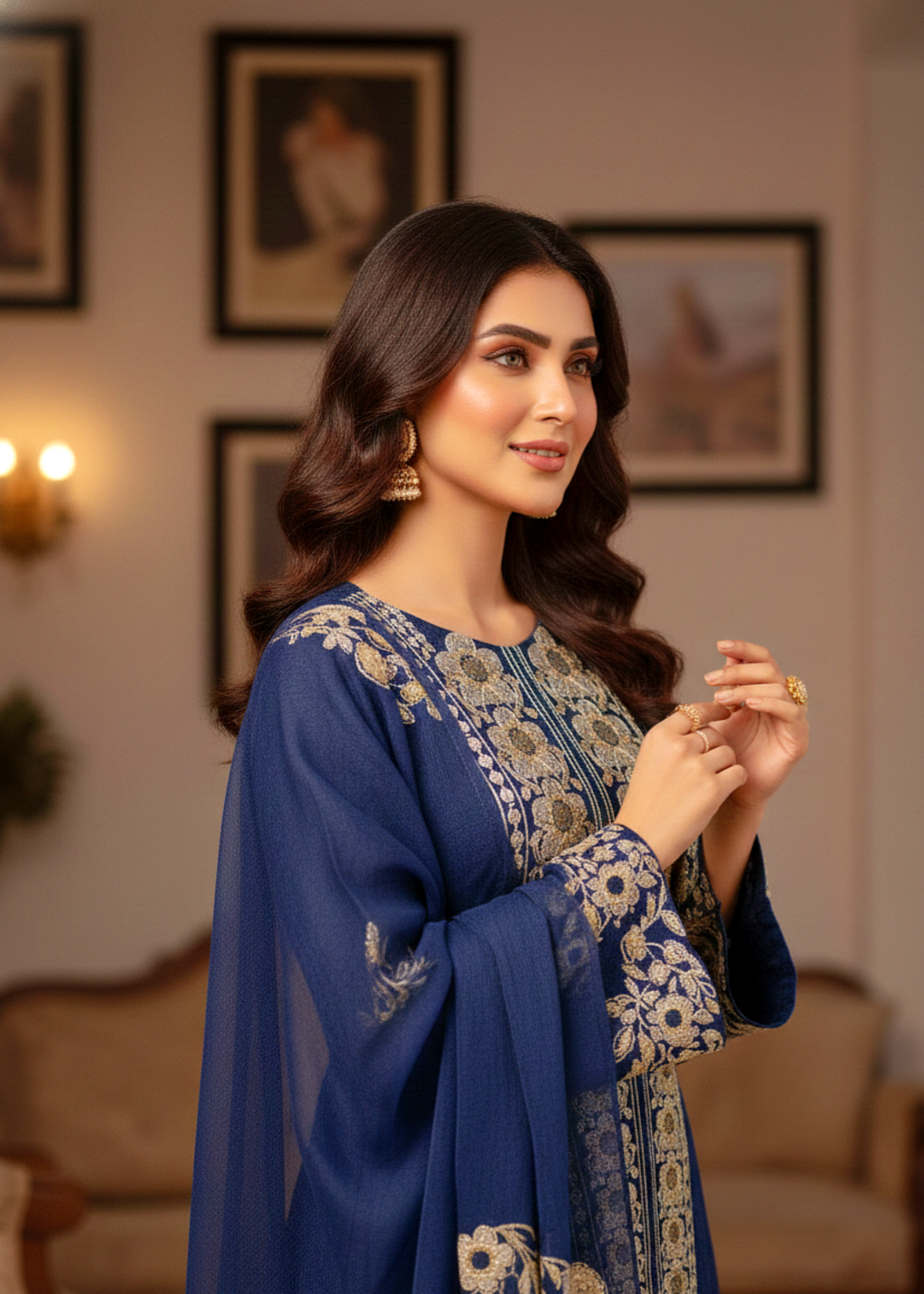 jacquard viscose Kurta Set in Navy blue
